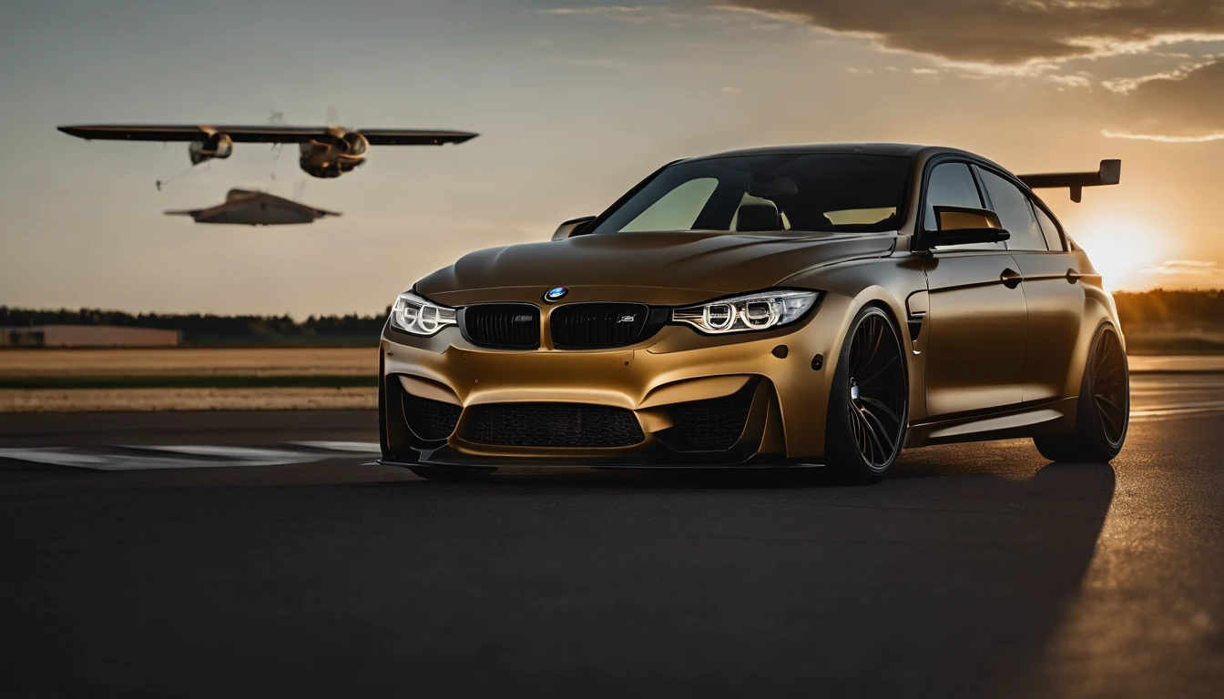 BMW F31 M3 lowered, stanced, low profile tires, Toyo tires , parked in the center of a runway, golden hour, overcast, light rays, raytracing, realism, crystal clear image, intricate details, 200mm f2, detailed asphalt, realistic cracks in asphalt, plane flying over the car, car photography, aiming camera parallel with the runway