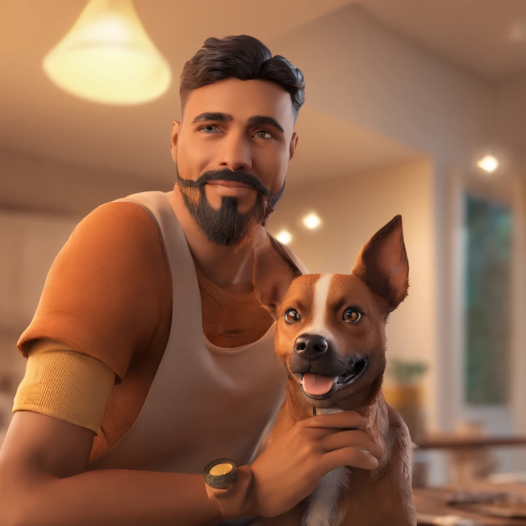 Pedro um jovem de 25 anos com barba por fazer e um pinscher miniatura da cor marrom