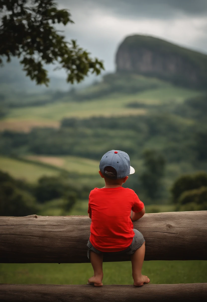 Boy in a baseball cap looking at a field, olhando para longe, com um parque ao fundo, Selvas ao fundo, divertindo-se, Camilo GC, Colinas ao fundo, with a tree in the background, com montanhas ao fundo, candid picture, staring into the distance,