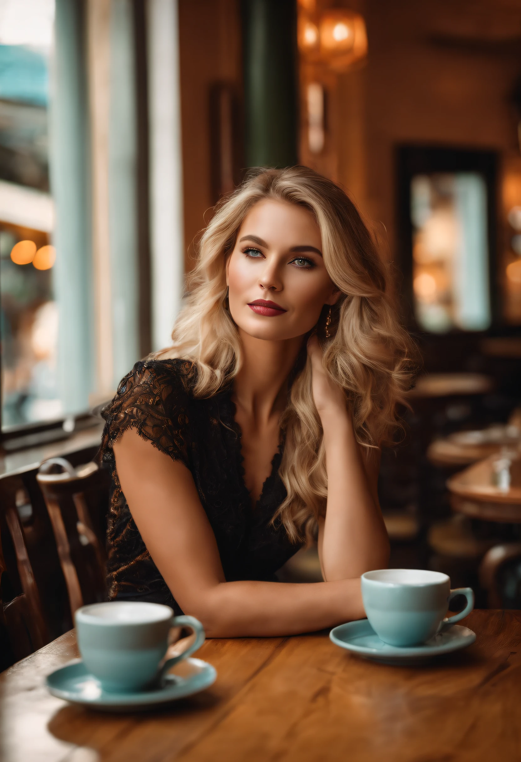 Pretty woman in a café sitting on a blonde table and long hair
