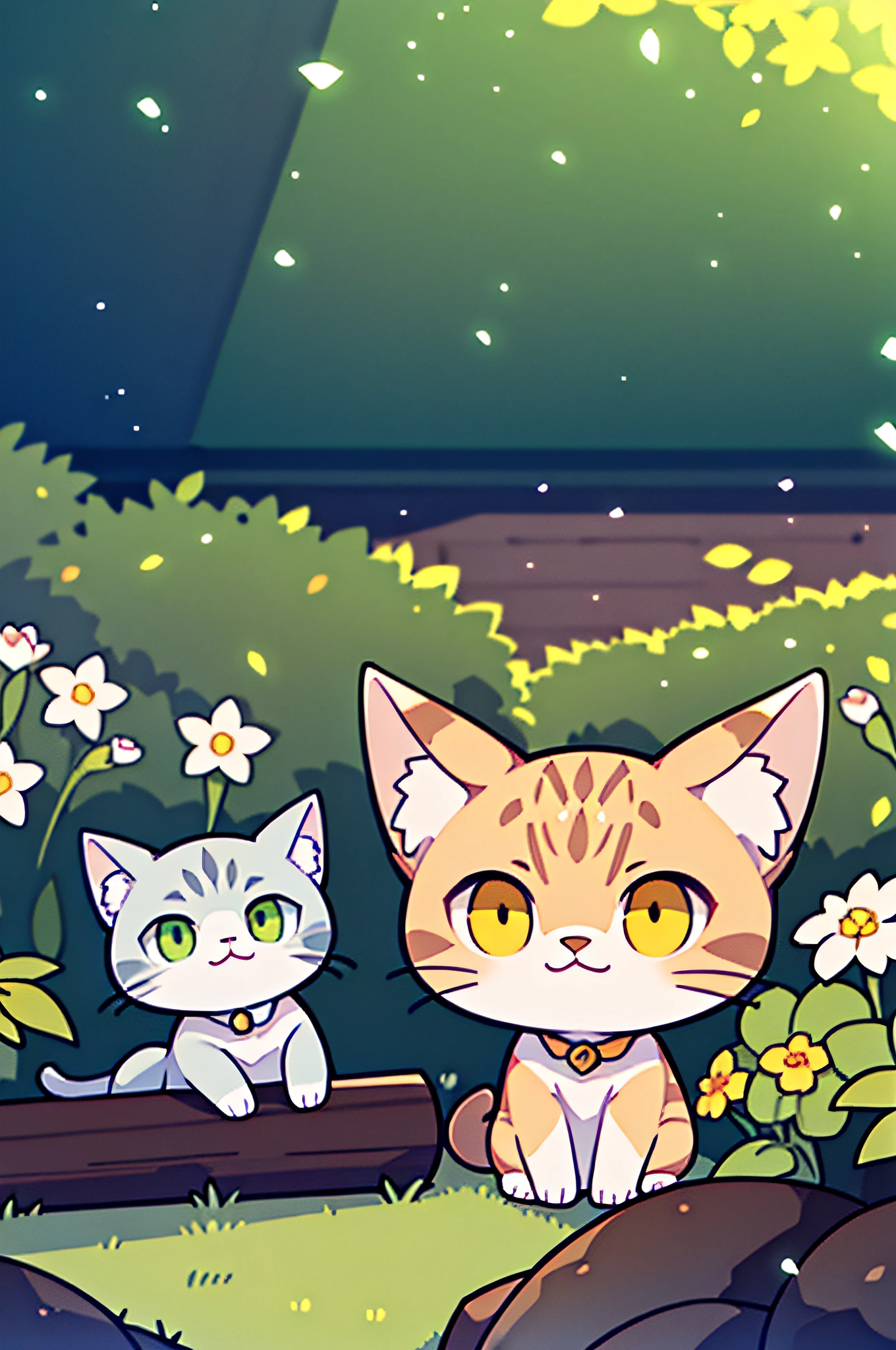Light gray and tan tabby cat, Detailed eyes and fur, Sitting in the sunlit garden, Surrounded by colorful flowers. Soft, Warm lighting illuminates the scene, Highlight the delicate features of the cat. The cat is resting peacefully on a mossy stone bench, The tail was loosely wrapped around the front paws. The garden is lush and vibrant, Tall grass and colorful plants bloom profusely. Cat fur is soft and shiny texture, subtle changes in shades of gray and tan,. The eyes are an impressive combination of green and yellow, In an intricate pattern that reflects the sun's rays. Overall image quality is of the highest standard, Ultra-detailed fur and realistic textures. The colors are vivid and harmonious, Pastel colors and bright shades are mixed. Lighting creates a warm and cozy atmosphere, Cast a soft shadow on the ground,、Add depth to a scene.