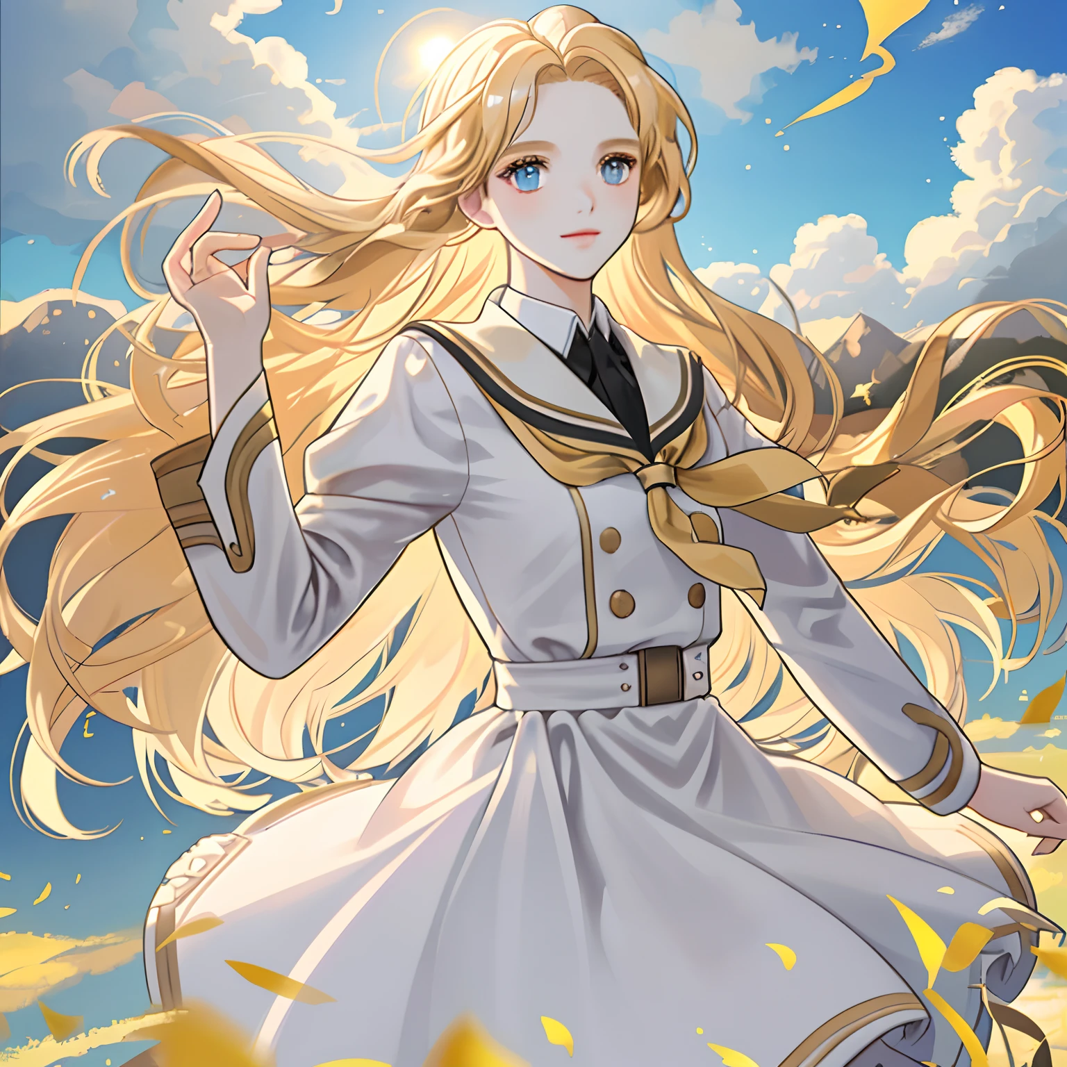 foreshortening,  depth of field, masterpiece, best quality, 1girl, golden hair, golden eyes,  long hair, above clouds, white clouds, solo, looking at viewer, school uniform, flaying,  dappled sunlight, floating on the sky, whole body