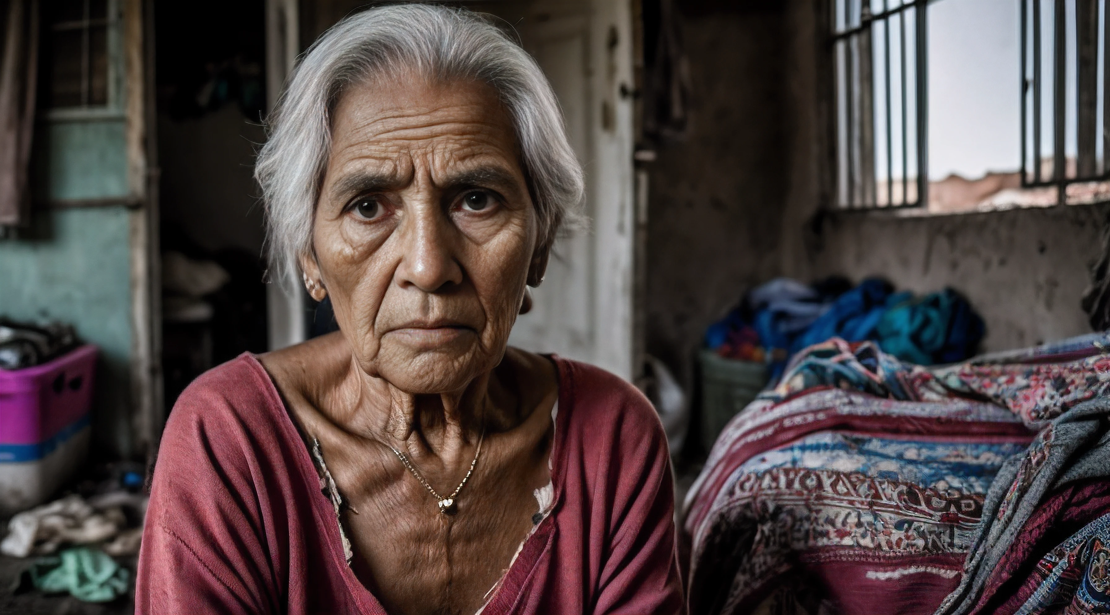 «»A heart-wrenching photorealistic image of an elderly Latina woman in extreme poverty, sitting in her dirty and cluttered home, with tear-stained cheeks and a bruise on her forehead, wearing torn and dirty clothes«», Photograph, Impoverished Living Conditions, Artistic Inspiration from Sebastião Salgado's documentary photography, Camera: Full Frame DSLR, Shot: Close-Up, Rendered in high-resolution 4K for lifelike detail. The elderly woman's tearful eyes and bruised forehead reveal the physical and emotional hardships she endures. Her tattered and unkempt clothing illustrates the harsh reality of her living conditions. The cluttered surroundings reflect the challenges she faces daily. The lens used is a 35mm lens, capturing the woman's emotions and the authenticity of her living conditions. The lighting is dim, with natural light seeping through the cracks in the walls, adding to the emotional atmosphere. The image aims to evoke empathy and shed light on the struggles faced by elderly individuals living in extreme poverty and the vulnerability they endure. This prompt focuses on photorealism, drawing inspiration from Sebastião Salgado's powerful and empathetic documentary photography.