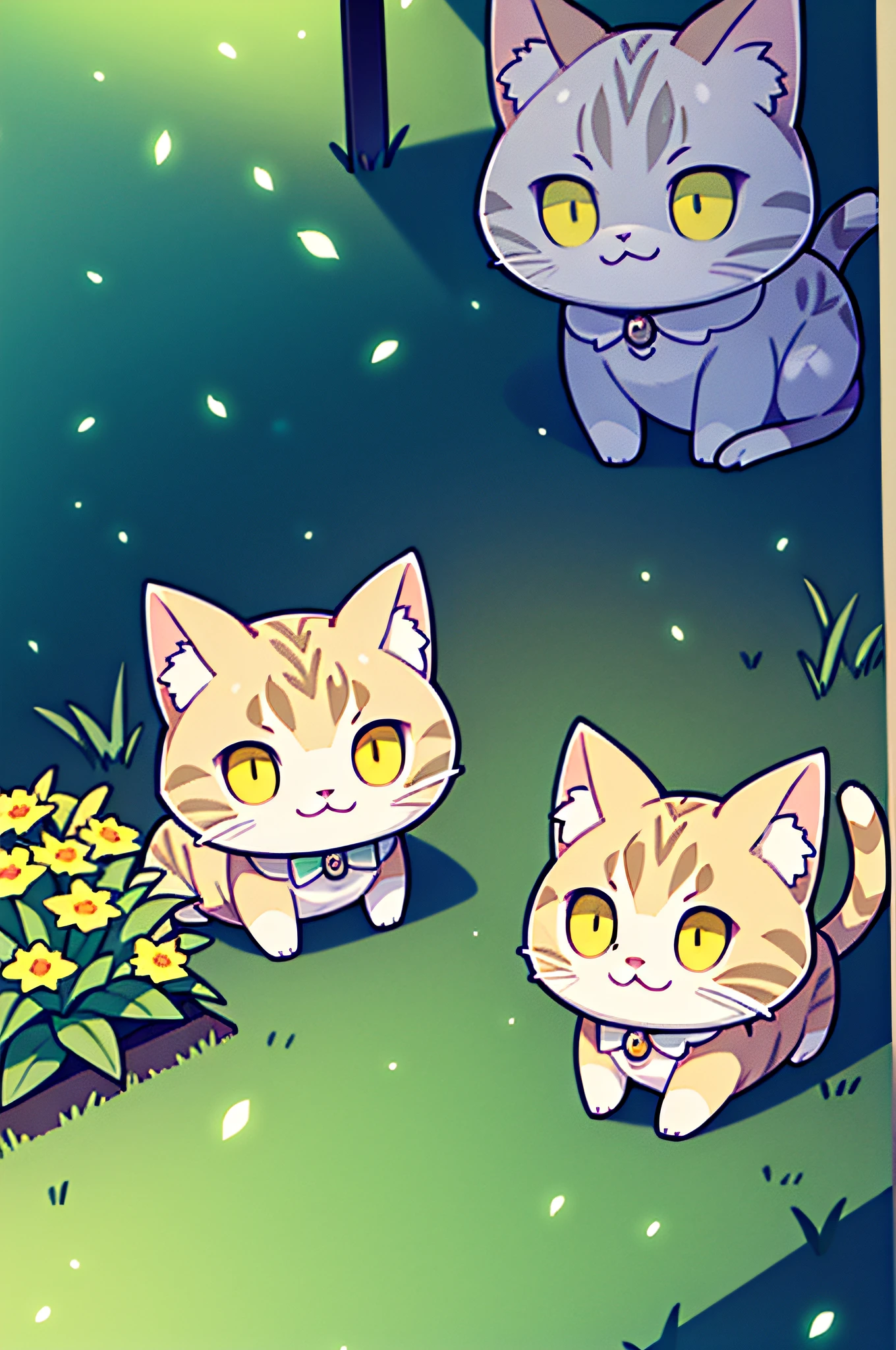 Light gray and tan tabby cat, Detailed eyes and fur, Sitting in the sunlit garden, Surrounded by colorful flowers. Soft, Warm lighting illuminates the scene, Highlight the delicate features of the cat. The cat is resting peacefully on a mossy stone bench, The tail was loosely wrapped around the front paws. The garden is lush and vibrant, Tall grass and colorful plants bloom profusely. Cat fur is soft and shiny texture, subtle changes in shades of gray and tan,. The eyes are an impressive combination of green and yellow, In an intricate pattern that reflects the sun's rays. Overall image quality is of the highest standard, Ultra-detailed fur and realistic textures. The colors are vivid and harmonious, Pastel colors and bright shades are mixed. Lighting creates a warm and cozy atmosphere, Cast a soft shadow on the ground,、Add depth to a scene.