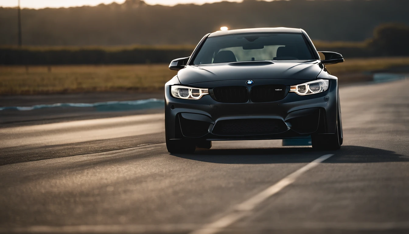 BMW F31 M3 lowered, stanced, low profile tires, Toyo tires , parked in the center of a runway, golden hour, overcast, light rays, raytracing, realism, crystal clear image, intricate details, 200mm f2, detailed asphalt, realistic cracks in asphalt, close up, car portrait , car photography, aiming camera parallel with the runway