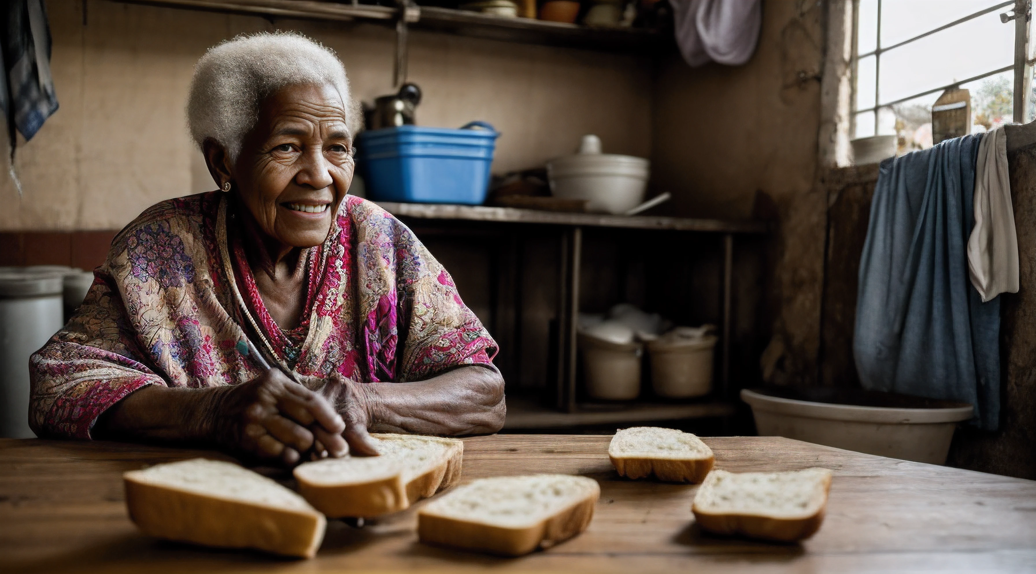 «»A heartwarming photorealistic image of an elderly African woman in extreme poverty, sitting in her dirty and cluttered home, smiling as she enjoys eating a piece of bread«», Photograph, Impoverished Living Conditions, Artistic Inspiration from Pieter Hugo's documentary photography, Camera: Full Frame DSLR, Shot: Close-Up, Rendered in high-resolution 4K for lifelike detail. The elderly woman's warm smile and twinkling eyes demonstrate resilience and inner strength amidst her challenging living conditions. Her modest and unkempt home illustrates the harsh reality of poverty. Despite the adversity, her smile reflects a sense of contentment and joy found in the simplest of pleasures, like eating a piece of bread. The lens used is a 35mm lens, capturing the woman's emotions and the authenticity of her living conditions. The lighting is dim, with natural light seeping through the cracks in the walls, creating a sense of intimacy. The image aims to celebrate the human spirit's ability to find happiness and appreciation for life's small blessings, even in the face of extreme hardship. This prompt focuses on photorealism, drawing inspiration from Pieter Hugo's powerful and evocative documentary photographs.