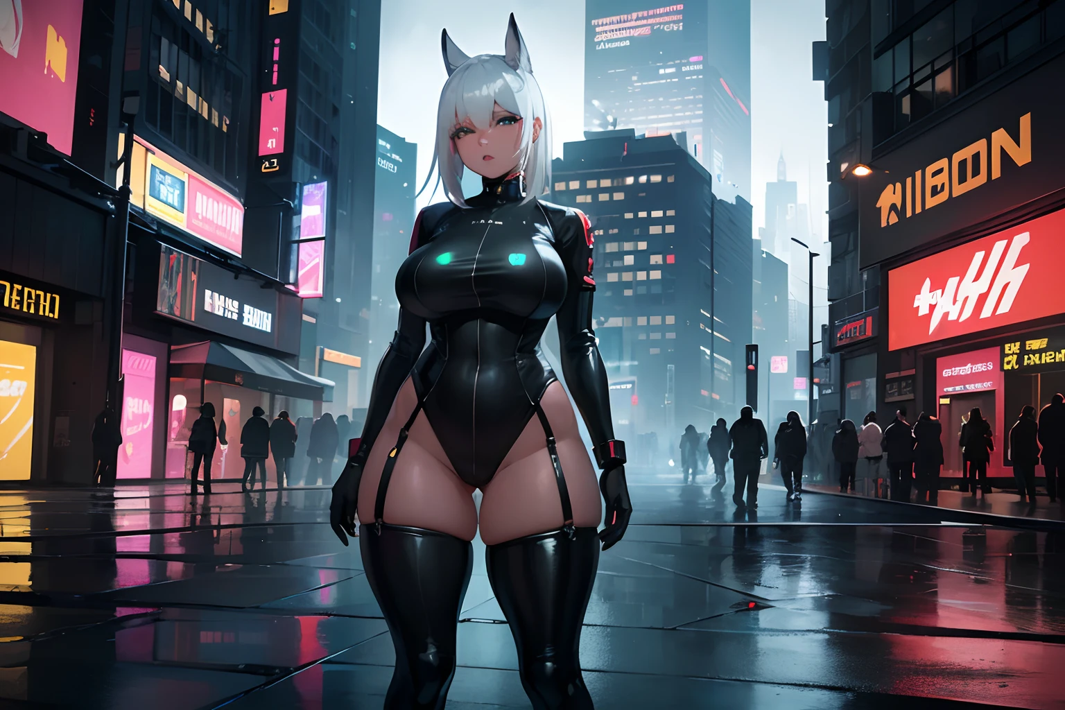 (best quality,4k,highres,masterpiece:1.2),ultra-detailed,realistic,photorealistic:1.37,cinematic,gritty,dystopian,cyberpunk street,neon lights,night scene,one woman,captivating eyes,plump lips,beautiful detailed face,gorgeous face,detailed face,dark skin,curvy figure,thick hips,thick thighs,gigantic asscheeks,chubby,gorgeous,nude,large areolas,beautiful,green eyes,white hair,short height,vibrant colors,deep shadows,glowing neon signs,futuristic fashion,hovering vehicles,concrete jungle,electronic billboards,lively crowd,steam rising,city in chaos,heavy rain pouring,reflection in puddles,slick streets,smoky atmosphere,artificial intelligence assisting,cybernetic enhancements,glimpses of holographic projections,imposing skyscrapers,powerful cityscape,high-tech gadgets,energetic music filling the air