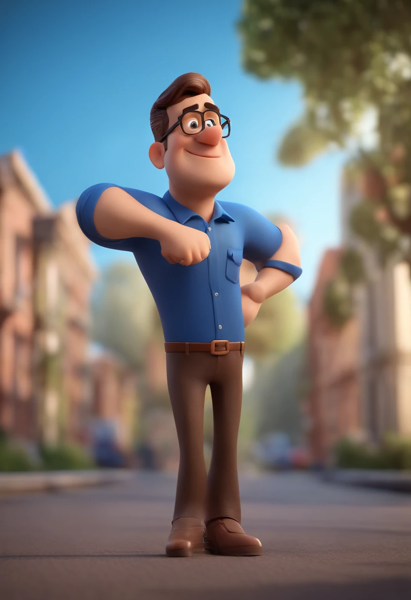 Cartoon character of a man wearing black glasses and a blue shirt, um personagem animado, Caractere estilizado, animation style rendering, 3D estilizado, Arnold Maya render, 3 d render stylized, toon render keyshot, Personagem 3D, Personagem 3D, 3d rendering stylized, 3 d character render, personagem de desenho animado, Personagem de close up, Pose de personagem, (Estilo Pixar) (master part:1.2) (Bokeh) (best quality) (pele detalhada) (textura detalhada) (8k) (argila) (Cinematic lighting) (foco nítido，Senta e vaza a parte superior do corpo