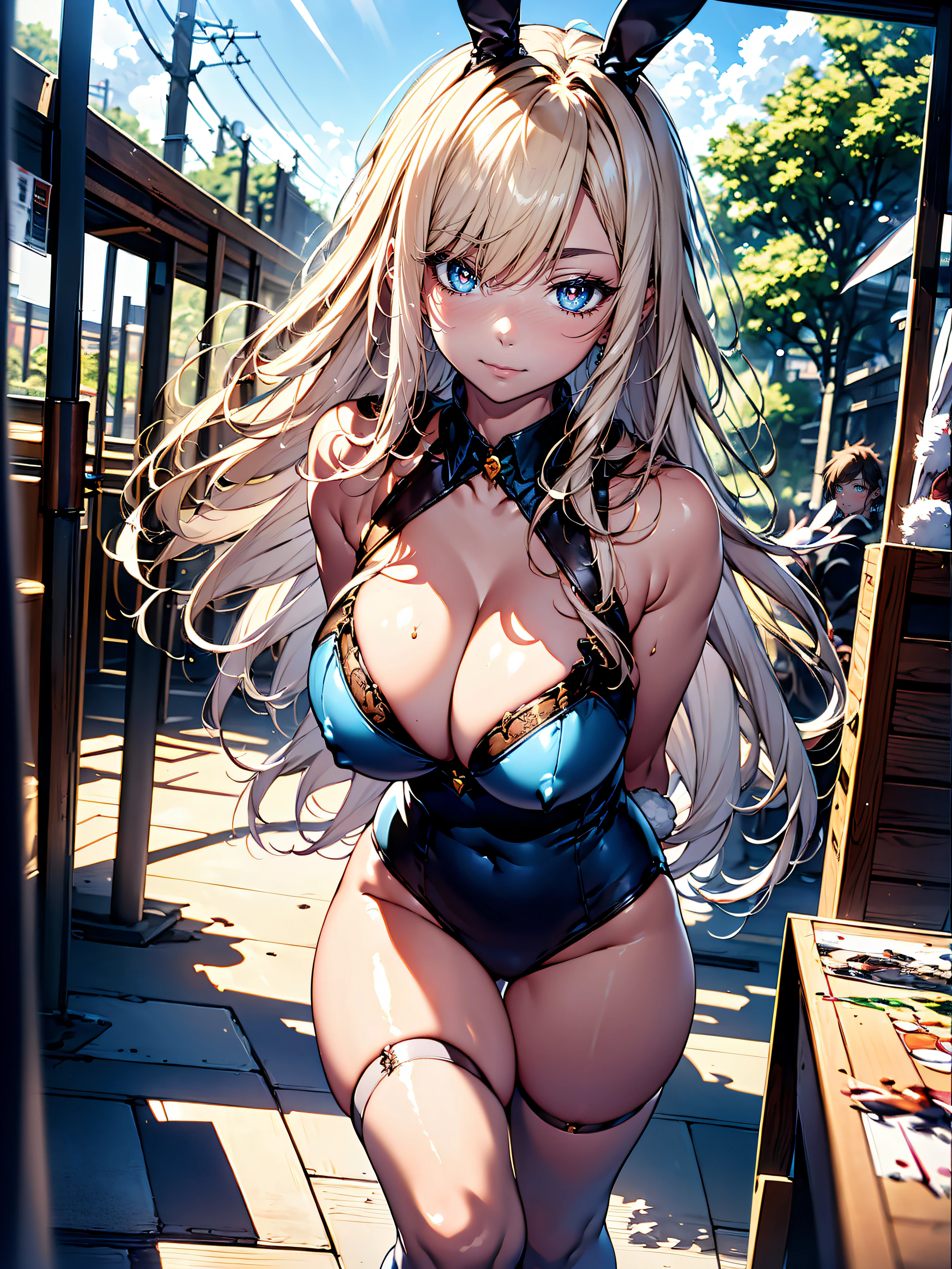 (({Bunny Girl:1.3)),hiquality, hight resolution, ultra-detailliert, high-level image quality, hightquality, anime illustrated, (finely detailed beautiful eye: 1.2), Detailed eye depiction, (finely detailed  eyes and detailed face:1.3), (extremely details CG, Best Shadow:1.1), Depth of field and blur, (Perfect Detail: 1.1) , digitial illustration, Enamel Art, Center, Watercolor painting, art  stations, concept-art, character sheets, Lightning Wave, beautiful anime watercolors, Vibrant colors, Sharp Focus, art by:hyung tae kim, Fine detail, intricate detailes, Curvaceous body, Detailed eye depiction, Vibrant colors,((Nervous look before riding a roller coaster))、posterior view