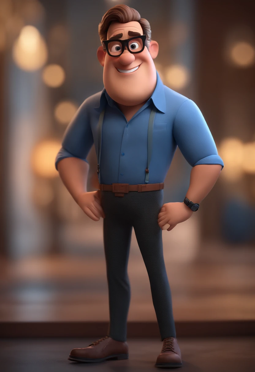 Cartoon character of a man with black glasses and a blue shirt, animation character, Caractere estilizado, animation style rendering, 3D estilizado, Arnold Maya render, 3 d render stylized, toon render keyshot, Personagem 3D, Personagem 3D, 3d rendering stylized, 3 d character render, personagem de desenho animado, Personagem de close up, Pose de personagem, (Estilo Pixar) (master part:1.2) (Bokeh) (best quality) (pele detalhada) (textura detalhada) (8k) (argila) (Cinematic lighting) (foco nítido