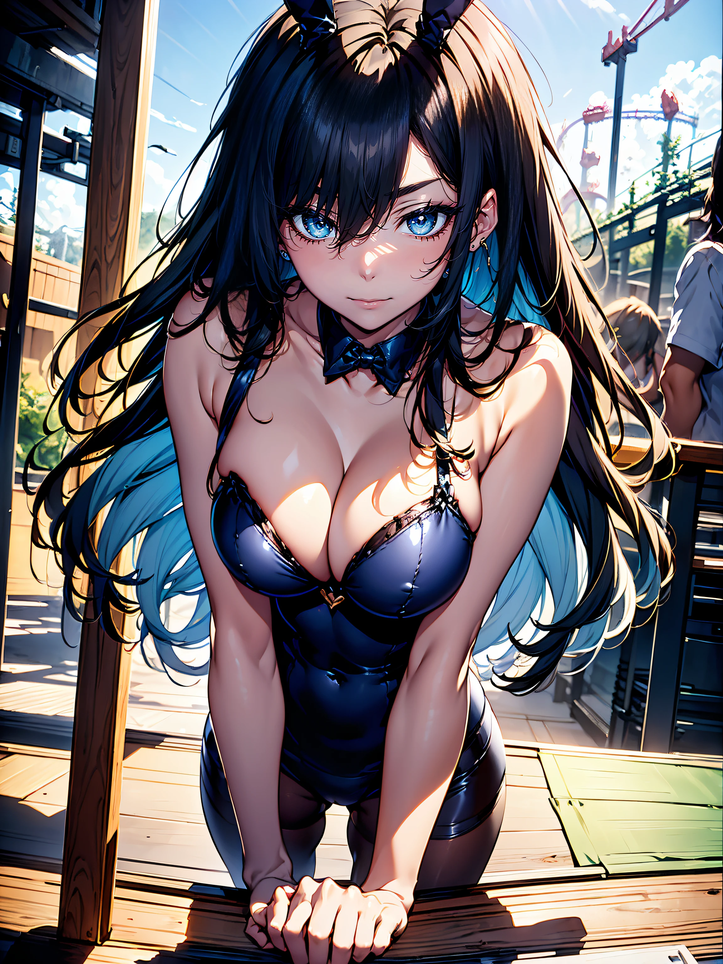 (({Bunny Girl:1.3)),hiquality, hight resolution, ultra-detailliert, high-level image quality, hightquality, anime illustrated, (finely detailed beautiful eye: 1.2), Detailed eye depiction, (finely detailed  eyes and detailed face:1.3), (extremely details CG, Best Shadow:1.1), Depth of field and blur, (Perfect Detail: 1.1) , digitial illustration, Enamel Art, Center, Watercolor painting, art  stations, concept-art, character sheets, Lightning Wave, beautiful anime watercolors, Vibrant colors, Sharp Focus, art by:hyung tae kim, Fine detail, intricate detailes, Curvaceous body, Detailed eye depiction, Vibrant colors,((Nervous look before riding a roller coaster))、posterior view