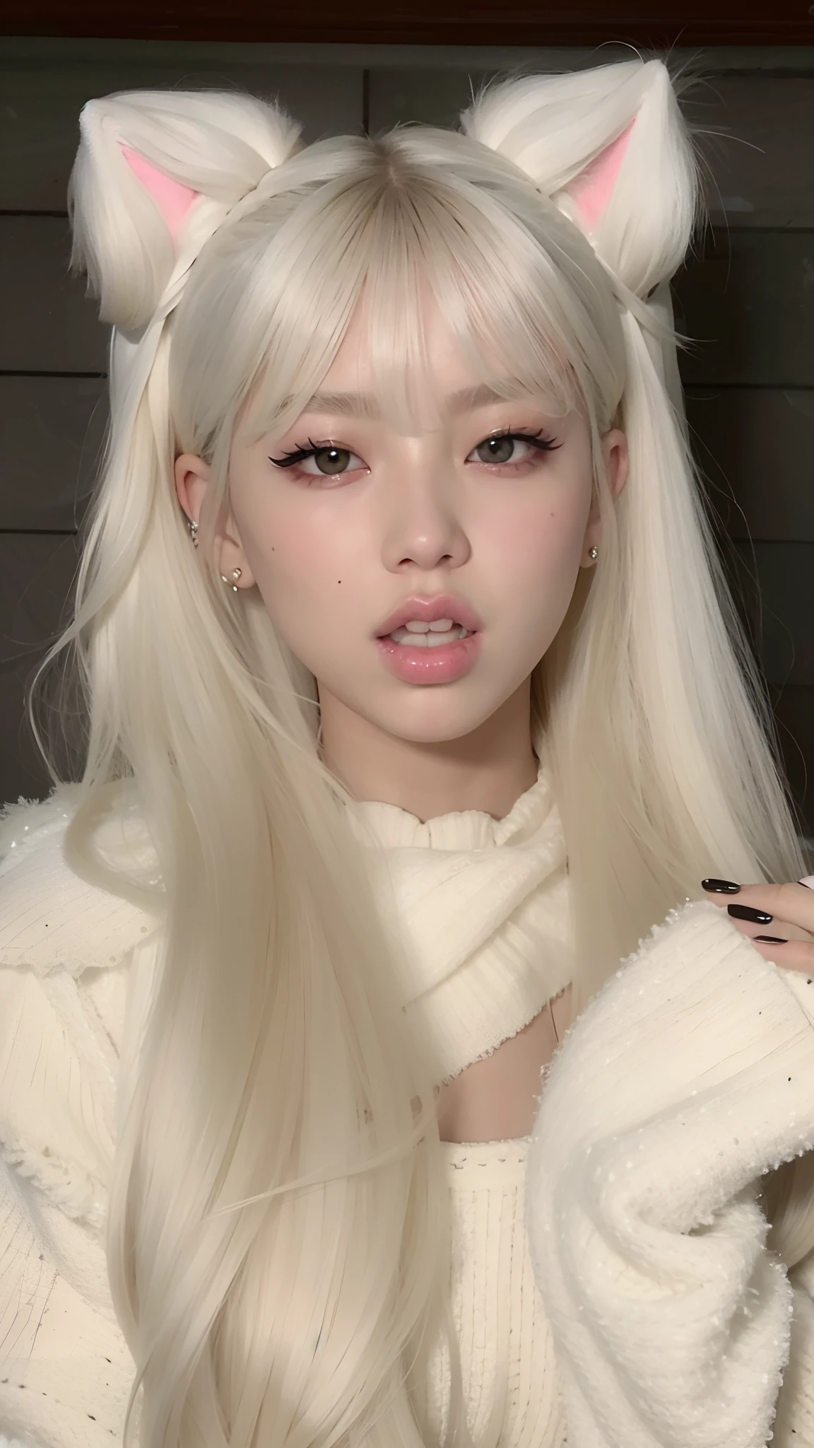 um close up de uma pessoa com cabelos longos usando uma orelha de gato, branco hime corte penteado, Ulzzang, franja branca, Lalisa Manobal, Parque Roseanne do Blackpink, longos cabelos brancos e franja, maquiagem sul-coreana popular, cabelo whitebangs cabelo, com cabelos longos brancos, Lalisa Manoban do Blackpink, her hair is white, wan adorable korean face