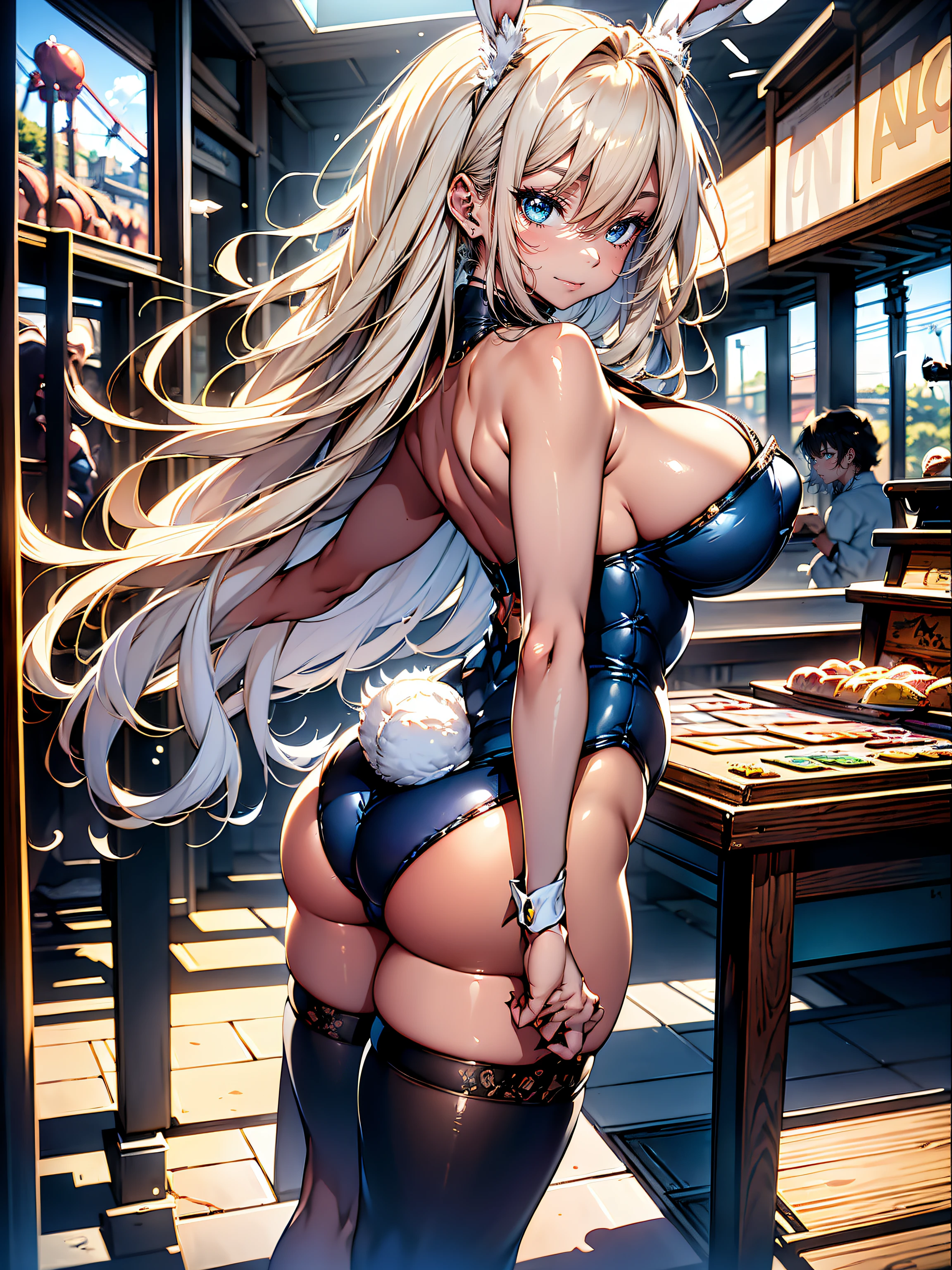 (({Bunny Girl:1.3)),hiquality, hight resolution, ultra-detailliert, high-level image quality, hightquality, anime illustrated, (finely detailed beautiful eye: 1.2), Detailed eye depiction, (finely detailed eyes and detailed face:1.3), (extremely details CG, Best Shadow:1.1), Depth of field and blur, (Perfect Detail: 1.1) , digitial illustration, Enamel Art, Center, Watercolor painting, art stations, concept-art, character sheets, Lightning Wave, beautiful anime watercolors, Vibrant colors, Sharp Focus, art by:hyung tae kim, Fine detail, intricate detailes, Curvaceous body, Detailed eye depiction, Vibrant colors,((Nervous look before riding a roller coaster))、posterior view