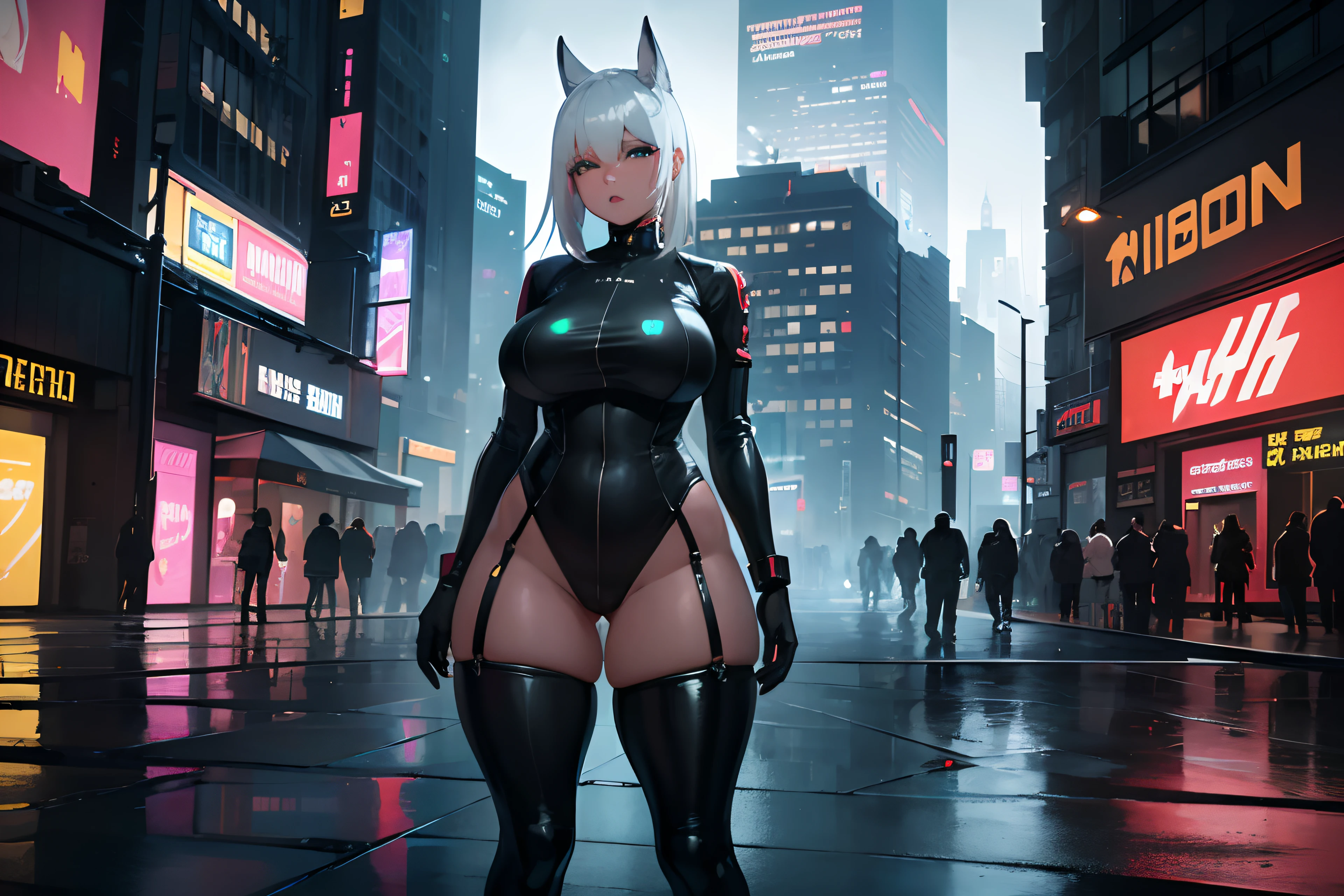 (best quality,4k,highres,masterpiece:1.2),ultra-detailed,realistic,photorealistic:1.37,cinematic,gritty,dystopian,cyberpunk street,neon lights,night scene,one woman,captivating eyes,plump lips,beautiful detailed face,gorgeous face,detailed face,dark skin,curvy figure,thick hips,thick thighs,gigantic asscheeks,chubby,gorgeous,nude,large areolas,beautiful,green eyes,white hair,short height,vibrant colors,deep shadows,glowing neon signs,futuristic fashion,hovering vehicles,concrete jungle,electronic billboards,lively crowd,steam rising,city in chaos,heavy rain pouring,reflection in puddles,slick streets,smoky atmosphere,artificial intelligence assisting,cybernetic enhancements,glimpses of holographic projections,imposing skyscrapers,powerful cityscape,high-tech gadgets,energetic music filling the air