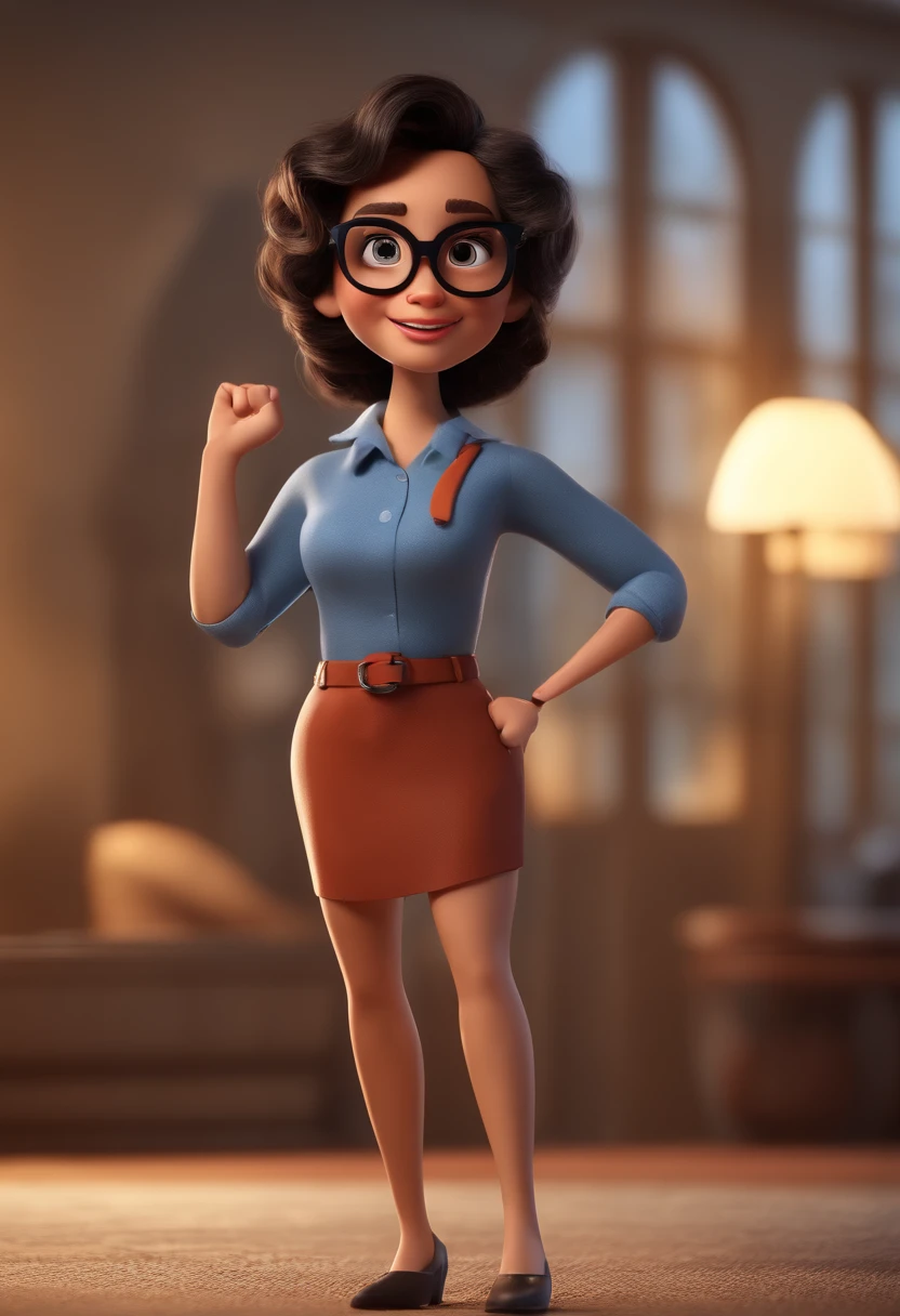 Cartoon character of a woman with black glasses and a blue shirt, animation character, Caractere estilizado, animation style rendering, 3D estilizado, Arnold Maya render, 3 d render stylized, toon render keyshot, Personagem 3D, Personagem 3D, 3d rendering stylized, 3 d character render, personagem de desenho animado, Personagem de close up, Pose de personagem,  (Estilo Pixar) (master part:1.2) (Bokeh) (best quality) (pele detalhada) (textura detalhada) (8k) (argila) (Cinematic lighting) (foco nítido