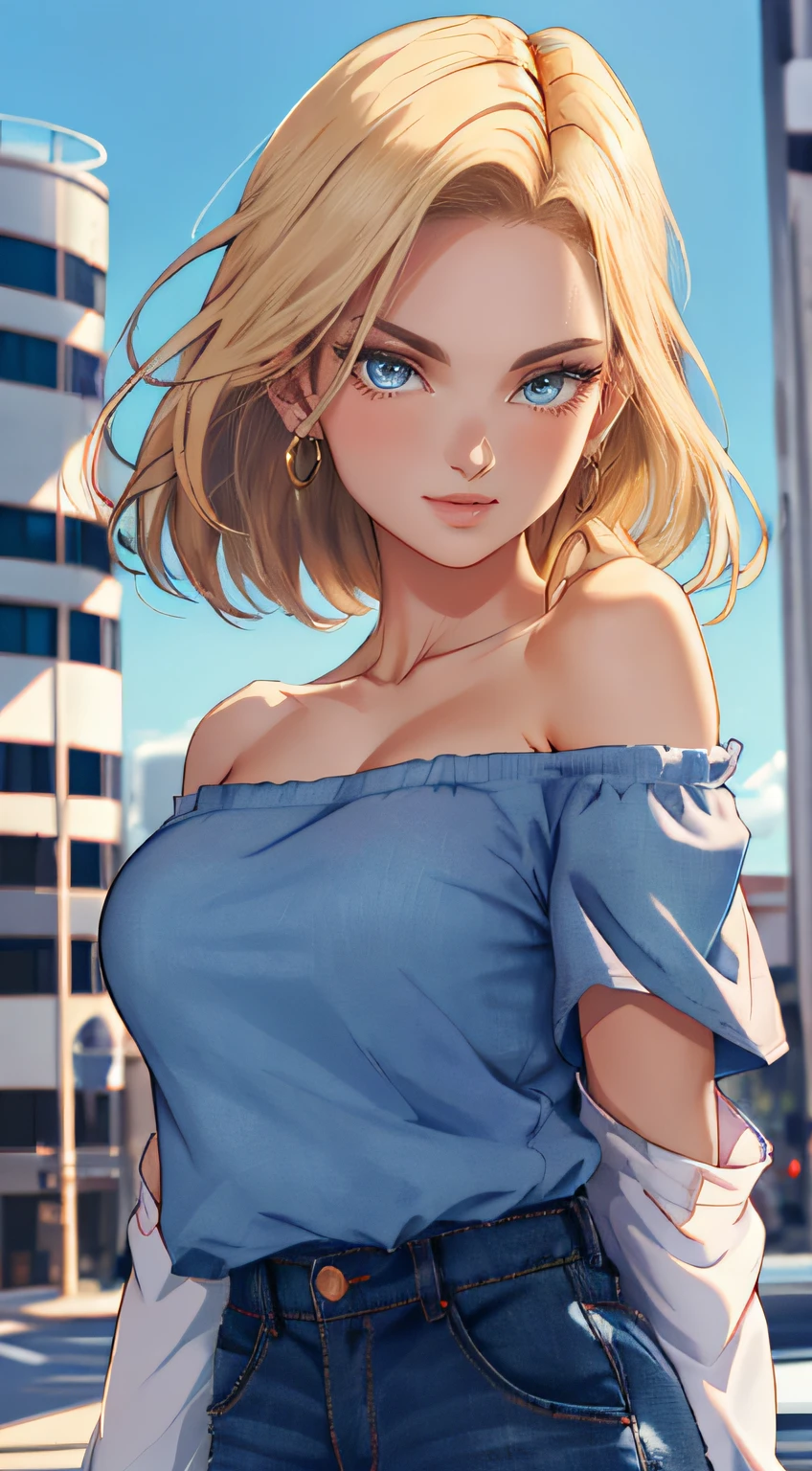 tmasterpiece, Best quality at best, ultra - detailed, absurderes, Portrait beautiful Android18DB, 独奏, 耳Nipple Ring, (比基尼:1.5),underdressing,jewely, (Off-the-shoulder attire:1.5),cleavage, upperbody closeup,ssmile, thongs, vests, clouds, Skysky, daysies, exteriors,Denim super shorts,best qualtiy, tmasterpiece, intricately details, Tone-mapping, Sharp focus, ultra - detailed, Artstati is the trend,lips, perfect face, blush, lover, huge breasts, perfect eyes