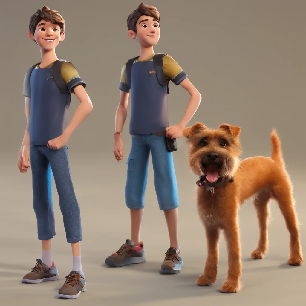 Lucas is a smiling 15-year-old human boy, com seu fiel amigo, Bolt, o cachorro schnauzer, deitados no jardim