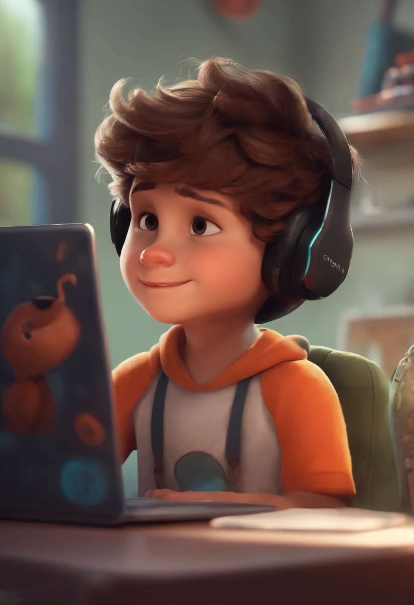 Image of a boy for a story in a YouTube video in Pixar format, He's the allabester, He's the class leader, He's outgoing, frisky, cabelo curto, usando notebook, gamer, com fone de ouvido