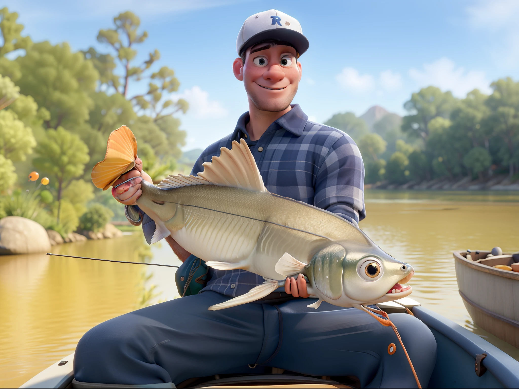 Pixar style image of a white man in a cap on a boat on the river holding a fish with high quality , melhor qualidade