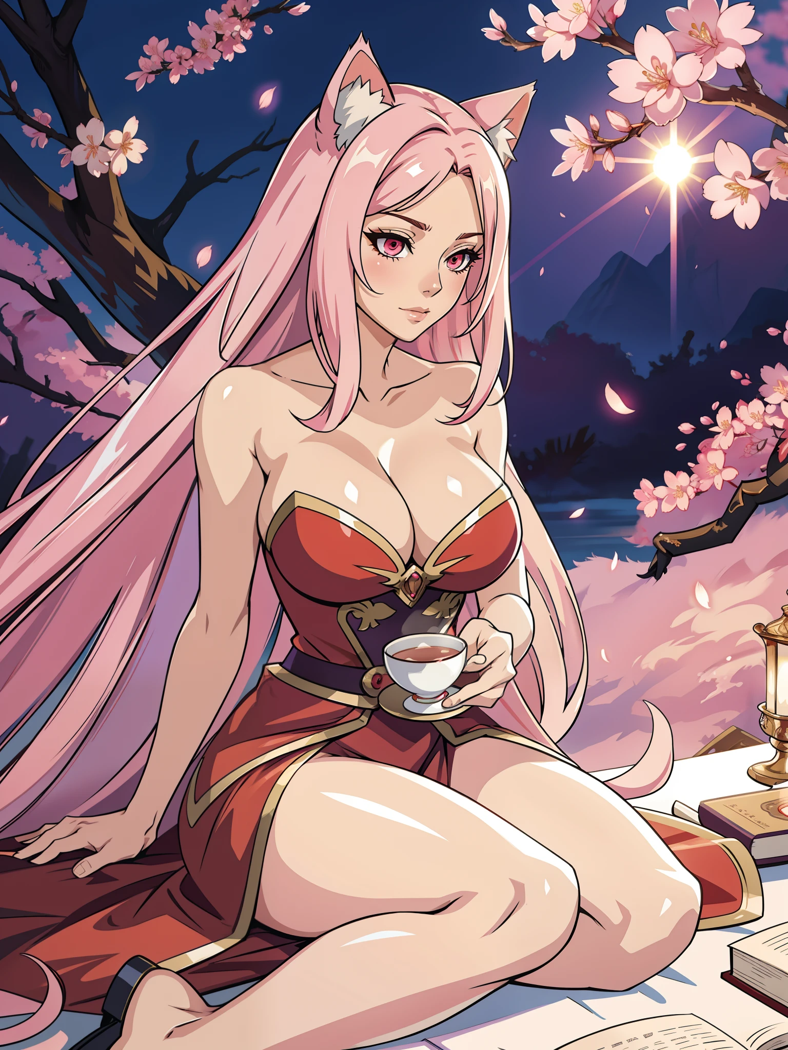 Mature woman, (fantasy:1.2), (backlight:1.2), glowing hairs, glowing eyes, red eyes, white hair, long hair, clevage, epic , camera angle, dynamic, UE5, naked breasts, nsfw, mature female, cat ears, medium breasts, cleavage, skindentation, long legs, shiny clothes, Cherry Blossoms, Book, Tea Cup, Sunset, Blurred Background, Long Hair, hair flowing with wind, Pink Hair, Digital Art, Soft Lighting, Low Camera Angle, Close-up, Flowing Dress, Sitting Pose, Slim Figure, Big Eyes, High Resolution, Detailed Artwork, Vibrant Colors, Fine Art, silky dress, erotic,
