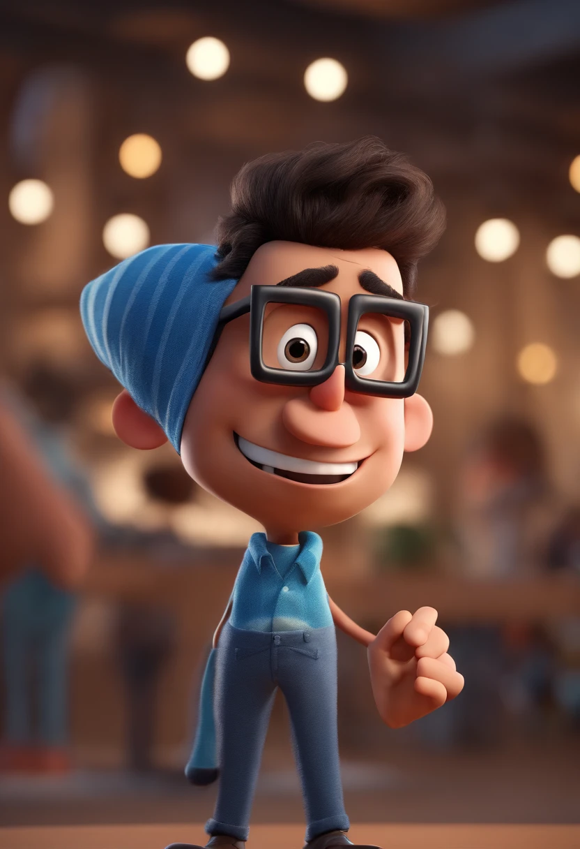 Cartoon character of a man with black glasses and a blue shirt, animation character, Caractere estilizado, animation style rendering, 3D estilizado, Arnold Maya render, 3 d render stylized, toon render keyshot, Personagem 3D, Personagem 3D, 3d rendering stylized, 3 d character render, personagem de desenho animado, Personagem de close up, Pose de personagem, (Estilo Pixar) (master part:1.2) (Bokeh) (best quality) (pele detalhada) (textura detalhada) (8k) (argila) (Cinematic lighting) (foco nítido