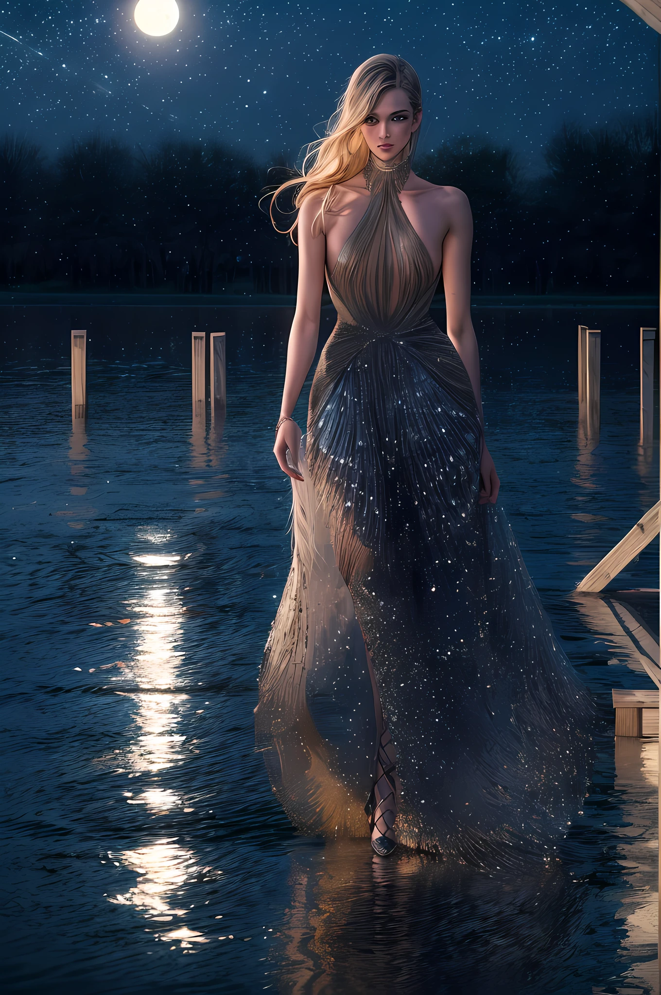 an award winning photoshoot, picture of an extremally beautiful woman model walking on a fashion the (wood catwalk on the runway of a famous fashion show: 1.1) floats on a lake at night, a very beautiful woman, elite Beauty model, long hair, blond hair, green eyes, wearing elegant Haut Couture dress, black dress, wearing high heels, the model's (Catwalk on the runway of a famous fashion show) floats on a lake at night, the model being reflected in the lake, its night time, moon light, reflections, high detail, award winning, best quality, UHD, 16K, rendering, high details, best quality, highres, scenery , ultra wide angle