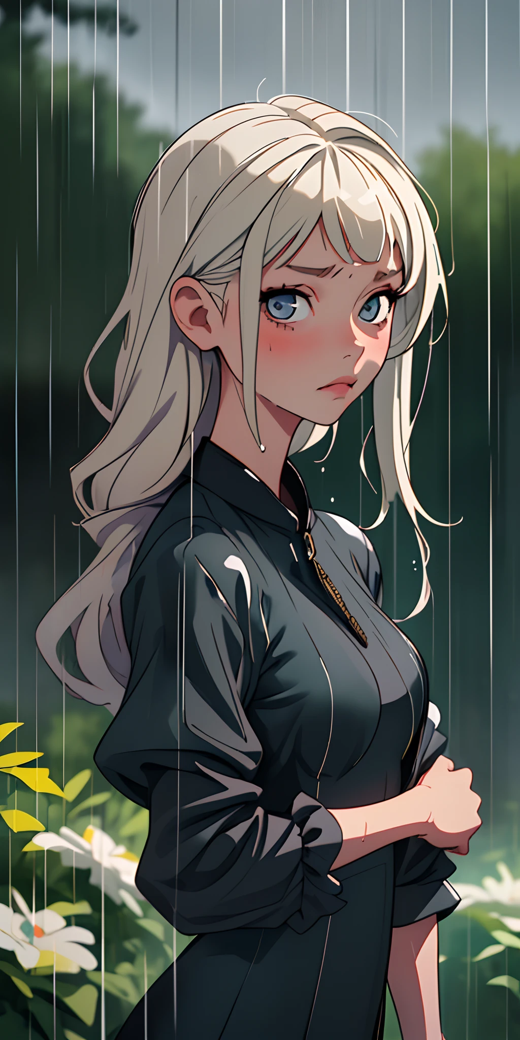 (best quality, masterpiece), 1girl, looking at viewer, blurry background, upper body, contemporary, wet dress, raining, wet hair, melancholic