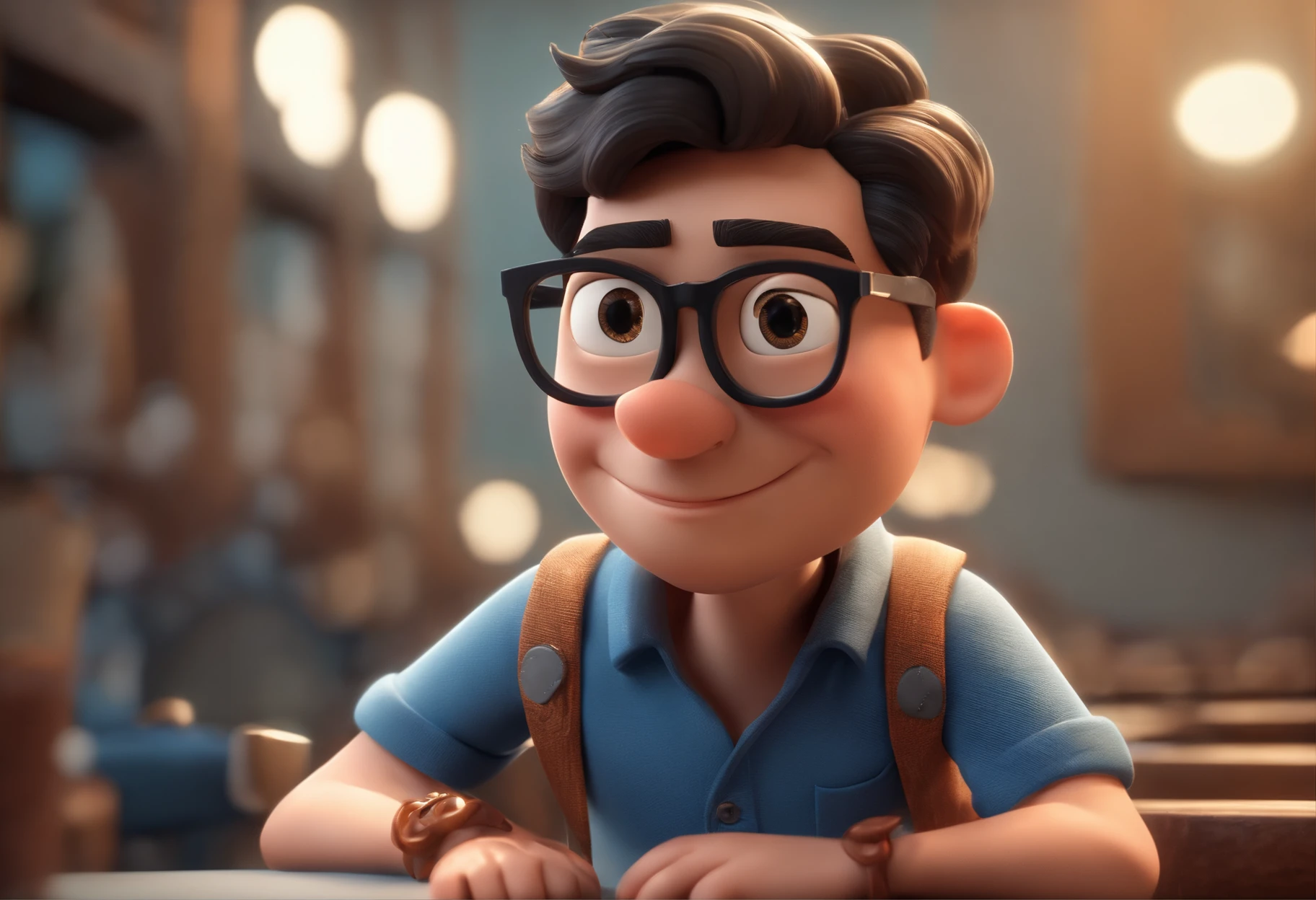 Cartoon character of a man wearing black glasses and a blue shirt, um personagem animado, Caractere estilizado, animation style rendering, 3D estilizado, Arnold Maya render, 3 d render stylized, toon render keyshot, Personagem 3D, Personagem 3D, 3d rendering stylized, 3 d character render, personagem de desenho animado, Personagem de close up, Pose de personagem, (Estilo Pixar) (master part:1.2) (Bokeh) (best quality) (pele detalhada) (textura detalhada) (8k) (argila) (Cinematic lighting) (foco nítido,Senta e vaza a parte superior do corpo