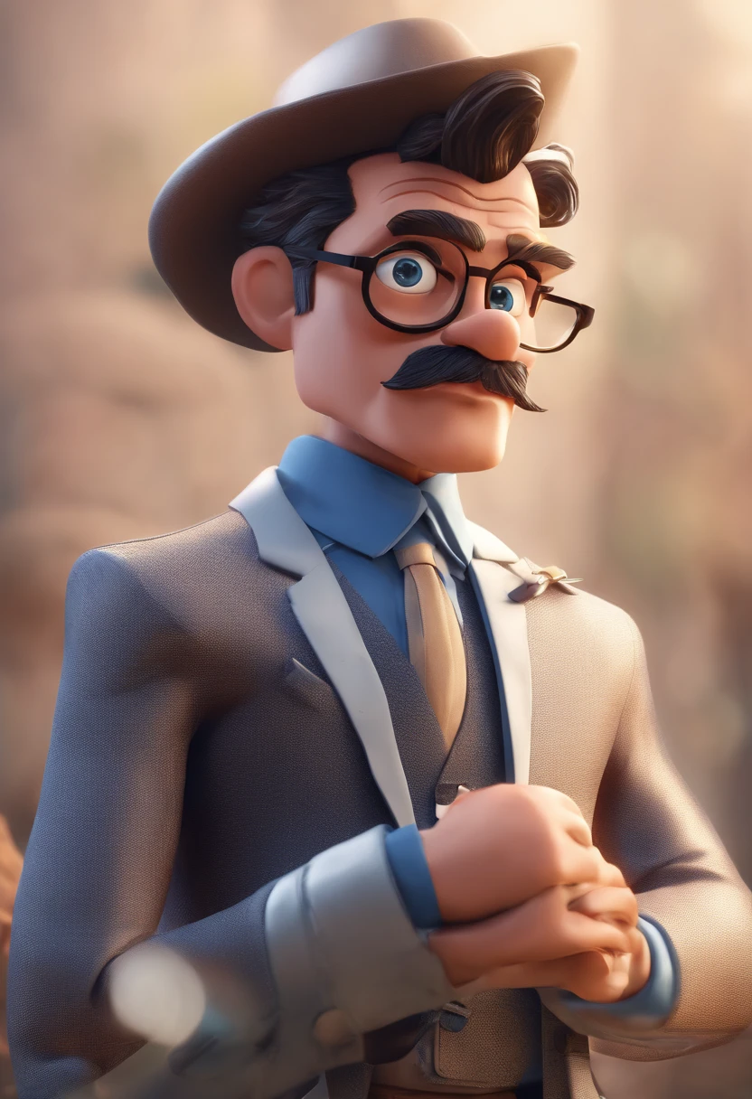 Um homem de 40 anos, com cabelos escuros curtos, face de diamante, olhar rigoroso, e olhos castanhos, de pele morena clara, com bigode com as pontas enrolados para cima, com uma barba baixa, e vestindo camisa branca com gravata. Cartoon character of a man with black glasses and a blue shirt, animation character, Caractere estilizado, animation style rendering, 3D estilizado, Arnold Maya render, 3 d render stylized, toon render keyshot, Personagem 3D, Personagem 3D, 3d rendering stylized, 3 d character render, personagem de desenho animado, Personagem de close up, Pose de personagem,  (Estilo Pixar) (master part:1.2) (Bokeh) (best quality) (pele detalhada) (textura detalhada) (8k) (argila) (Cinematic lighting) (foco nítido