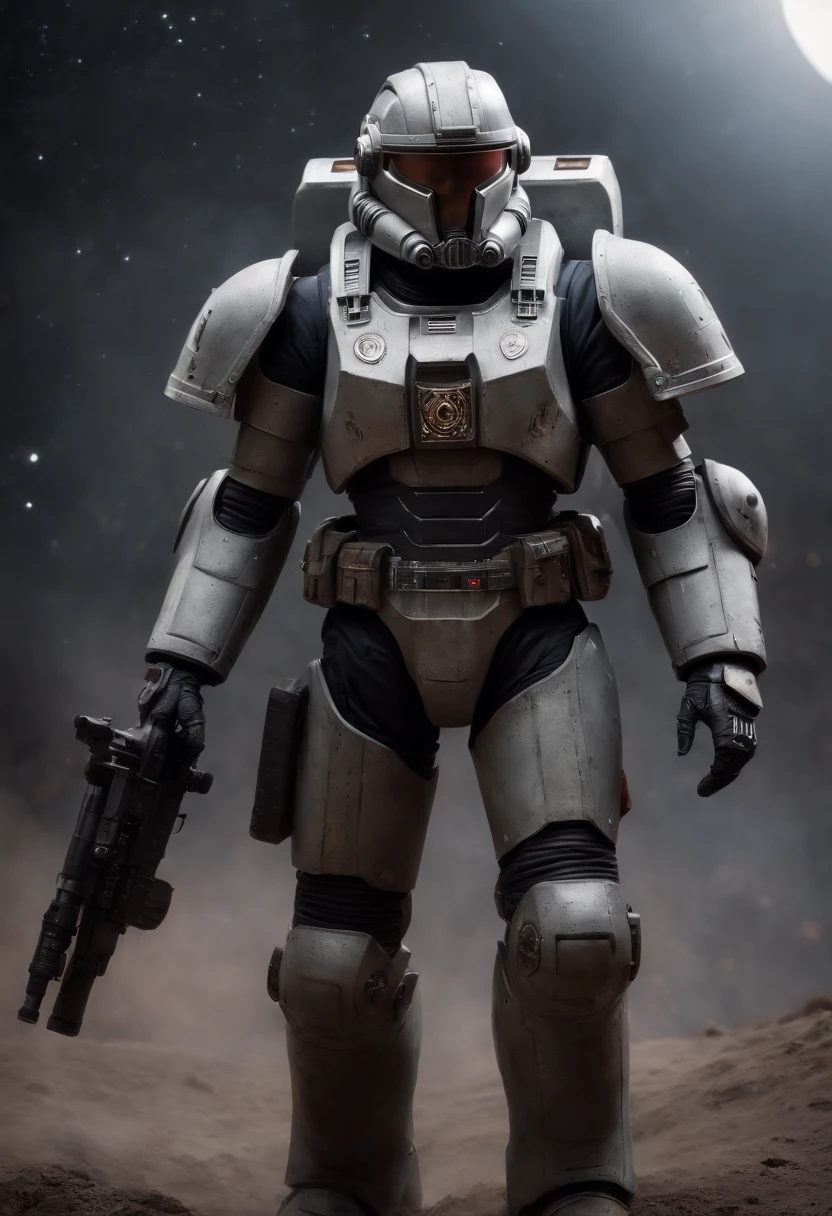 Set against the backdrop of the galaxy Warhammer 40K brutally heavily armored Interstellar Warrior full-body portrait