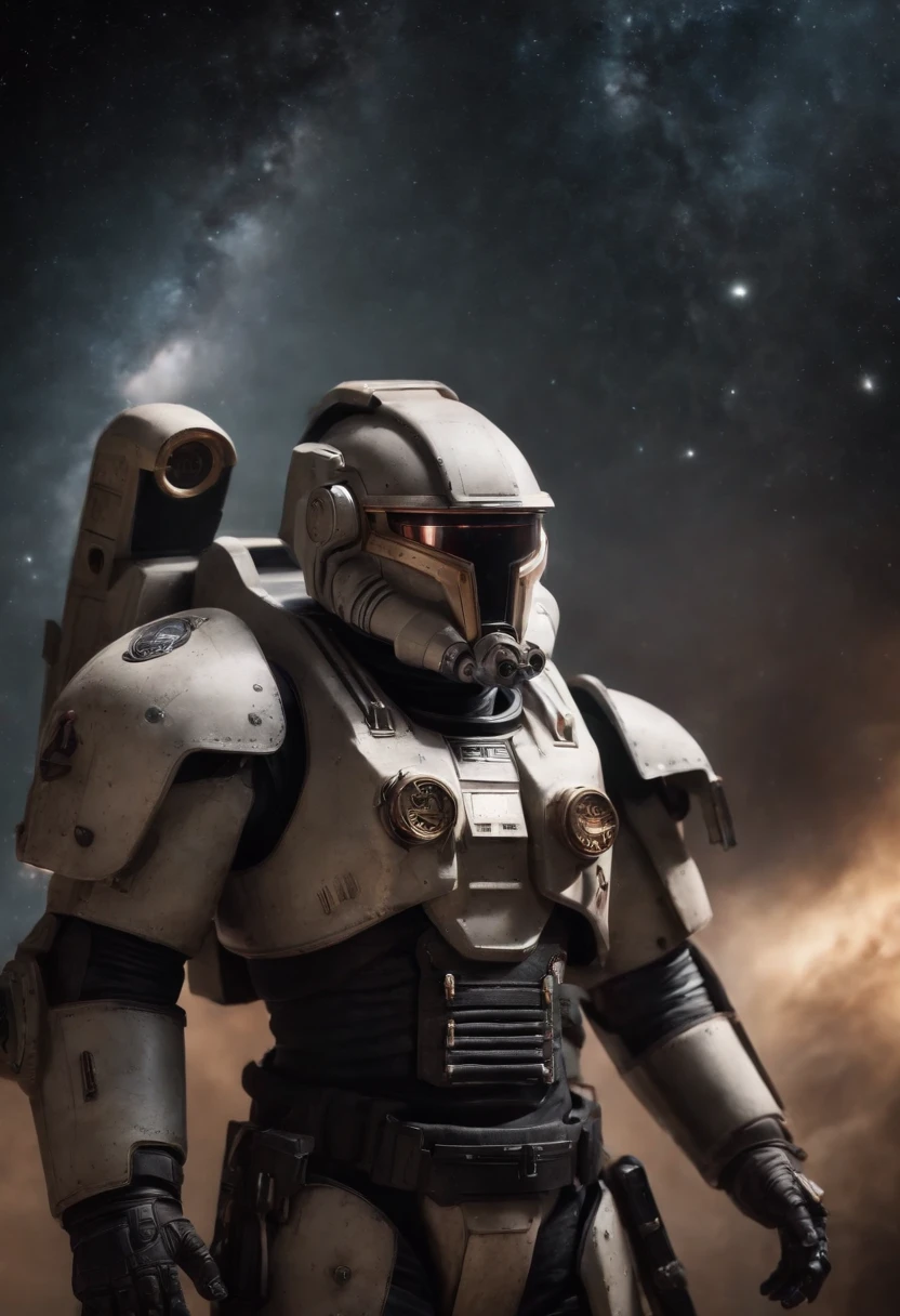 Set against the backdrop of the galaxy Warhammer 40K brutally heavily armored Interstellar Warrior full-body portrait