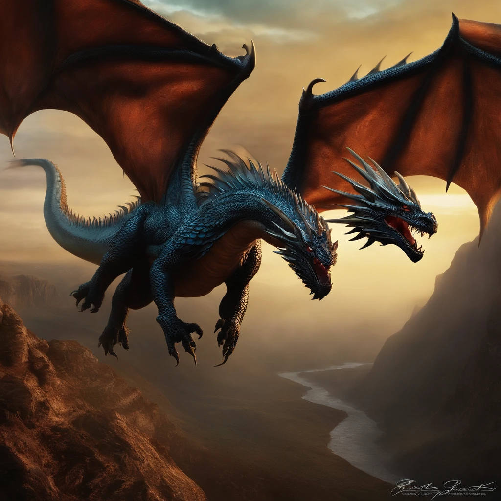 Dragon majestueux en vol, avec des ailes déployées et un corps serpentiforme recouvert d'écailles brillantes. Ses yeux perçants regardent en avant, tandis que des volutes de fumée s'échappent de ses naseaux dans un Paysage de l’enfer, Le fond de l’enfer, La bataille finale en enfer, Paysage apocalyptique!!!!!,