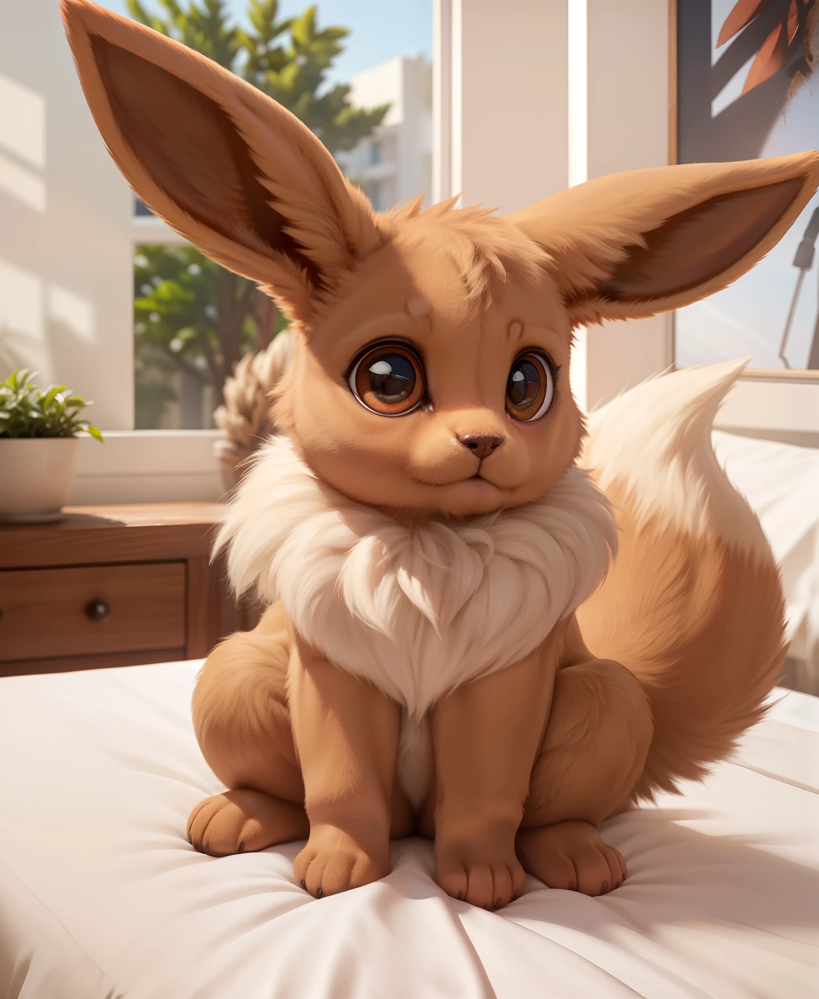 feral eevee sitting on bed,BREAK,(masterpiece, best quality, ultra realistic, 4k, 2k, (intricate:1.1), (high detail:1.4), film photography, (soft focus:1.1),RAW photo, photorealistic, analog style, subsurface scattering, photorealism, absurd res)