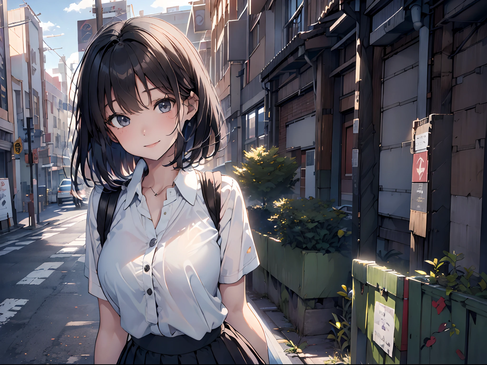 (High school girl on her way to school), "Town Musicians of Bremen", black hair, short bob, bright smile, (the world is collapsing), black sun in the sky, detailed beautiful faces, character focus, full shot.