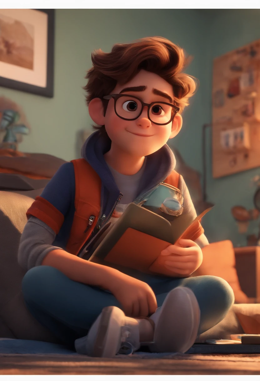 Imagem de um menino em formato Pixar, He's the little allabester, He's outgoing, frisky, cabelo curto castanho, usando notebook, gamer, com fone de ouvido, sorrindo