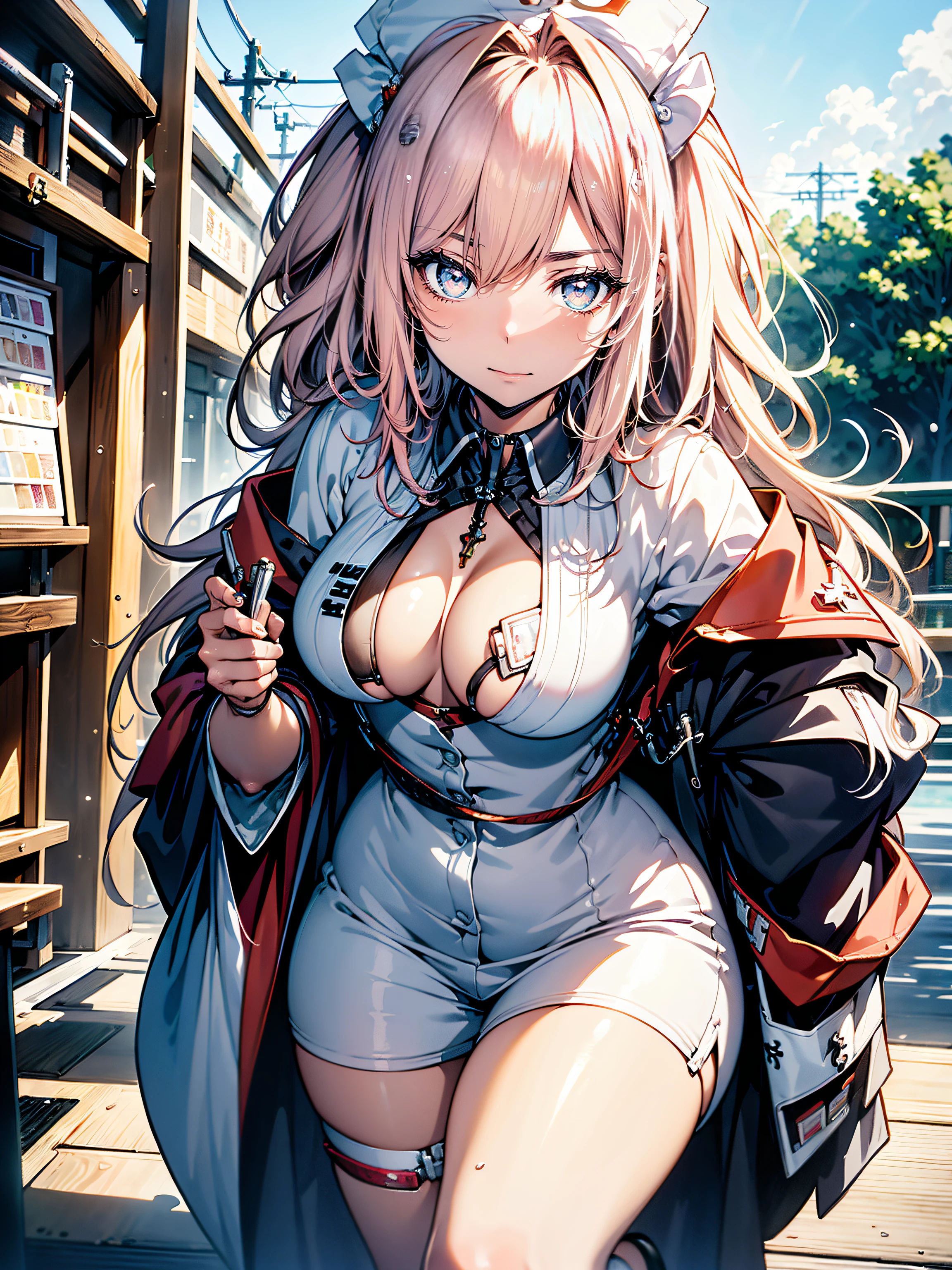 ((Nurse:1.3)),hiquality, hight resolution, ultra-detailliert, high-level image quality, hightquality, anime illustrated, (finely detailed beautiful eye: 1.2), Detailed eye depiction, (finely detailed  eyes and detailed face:1.3), (extremely details CG, Best Shadow:1.1), Depth of field and blur, (Perfect Detail: 1.1) , digitial illustration, Enamel Art, Center, Watercolor painting, art  stations, concept-art, character sheets, Lightning Wave, beautiful anime watercolors, Vibrant colors, Sharp Focus, art by:hyung tae kim, Fine detail, intricate detailes, Curvaceous body, Detailed eye depiction, Vibrant colors,((Nervous look before riding a roller coaster))
