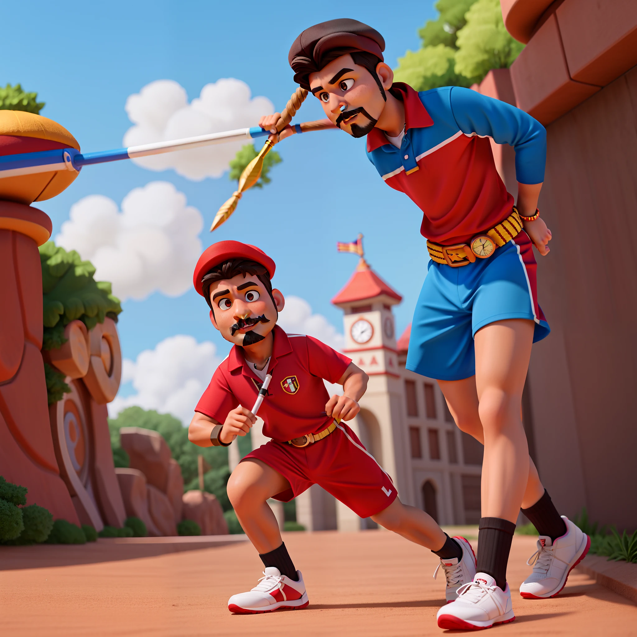 I want a Disney Pixar-style image of a brunette Indian man with a goatee, utilizando roupa esportiva, Ele tera aspecto de uma pessoa normal, treinador esportivo, Wearing a red uniform and wearing a stopwatch around his neck and a black cap, In the background there will be an athletics track