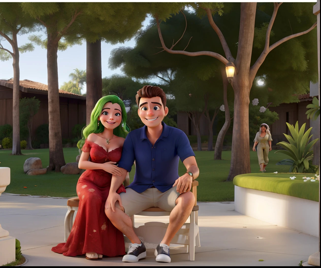 Casal sorrindo, mulher cor branca, cabelos loiros, homem branco, cabelos escuros, olhos verdes.