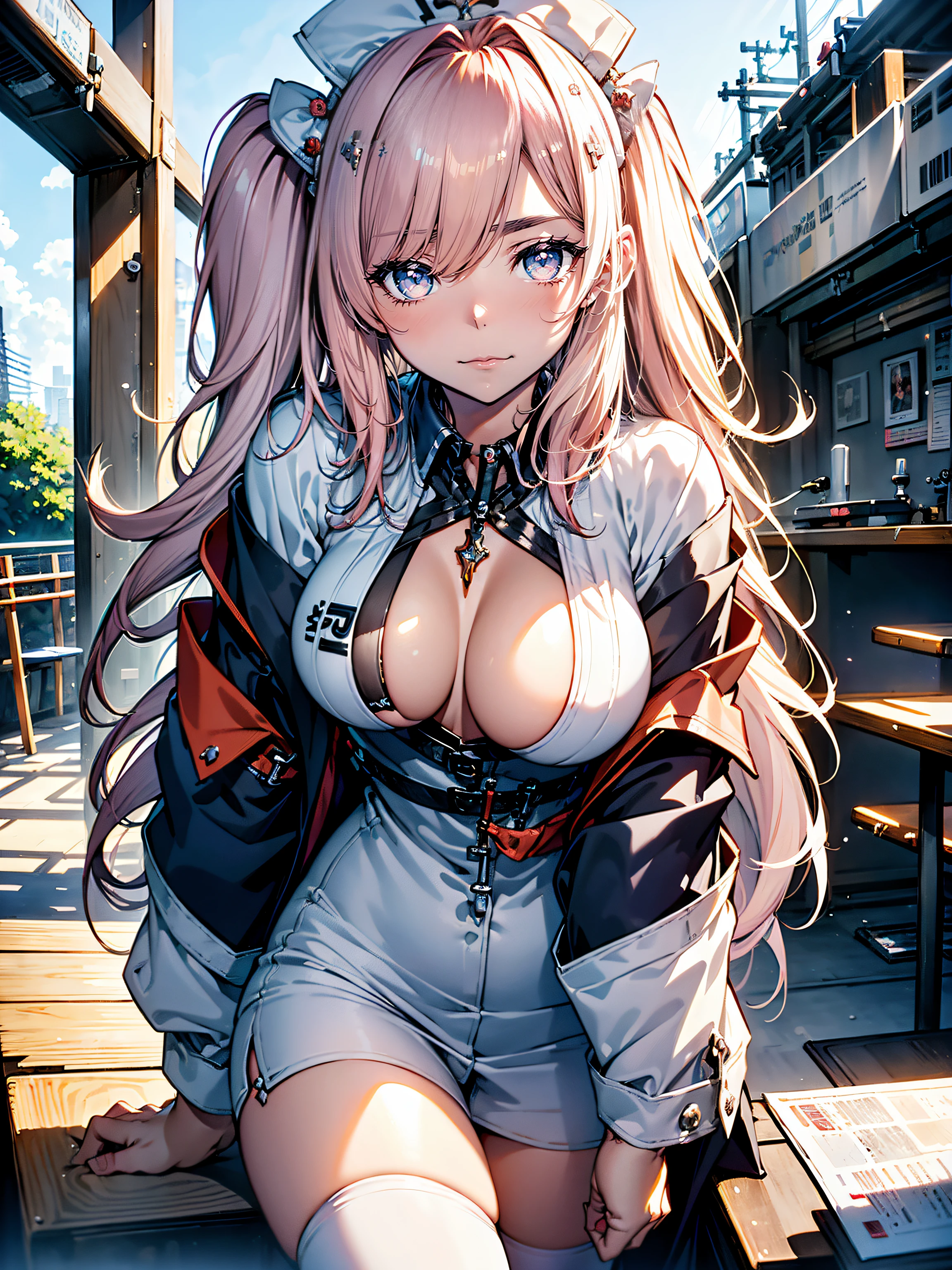 ((Nurse:1.3)),hiquality, hight resolution, ultra-detailliert, high-level image quality, hightquality, anime illustrated, (finely detailed beautiful eye: 1.2), Detailed eye depiction, (finely detailed  eyes and detailed face:1.3), (extremely details CG, Best Shadow:1.1), Depth of field and blur, (Perfect Detail: 1.1) , digitial illustration, Enamel Art, Center, Watercolor painting, art  stations, concept-art, character sheets, Lightning Wave, beautiful anime watercolors, Vibrant colors, Sharp Focus, art by:hyung tae kim, Fine detail, intricate detailes, Curvaceous body, Detailed eye depiction, Vibrant colors,((Nervous look before riding a roller coaster))