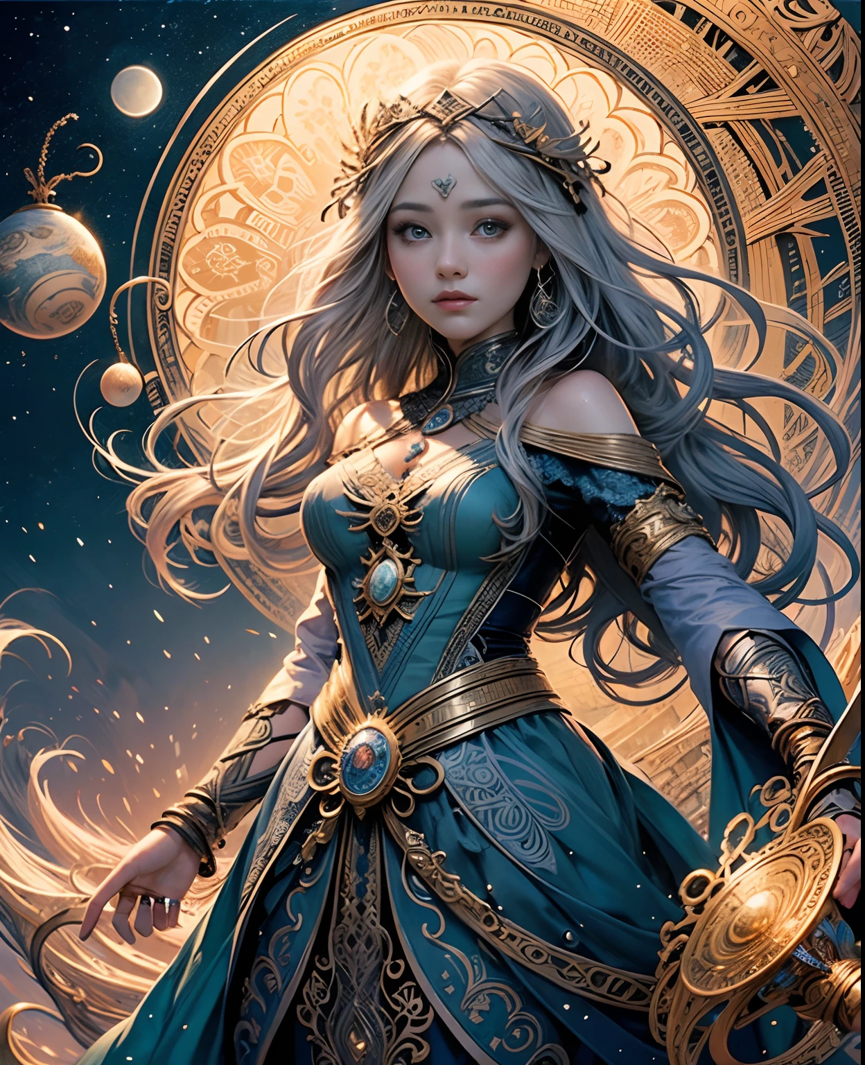 official art, 8k unit wallpaper, ultra detailed, beautiful and aesthetic, high quality, beautiful, masterpiece, best quality (zentangle, mandala, tangled, tangled: 0.6), a young goddess in her 20s, long silver hair, sun goddess,