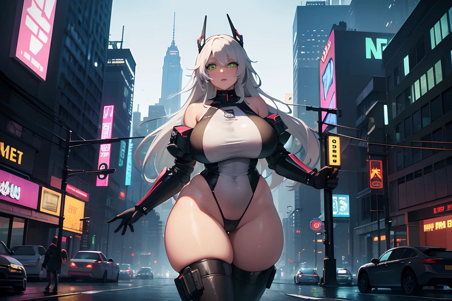 (best quality,4k,highres,masterpiece:1.2),ultra-detailed,realistic,photorealistic:1.37,cinematic,gritty,dystopian,cyberpunk street,neon lights,night scene,one woman,captivating eyes,plump lips,beautiful detailed face,gorgeous face,detailed face,dark skin,curvy figure,thick hips,thick thighs,gigantic asscheeks,chubby,gorgeous,,large areolas,beautiful,green eyes,white hair,short height,vibrant colors,deep shadows,glowing neon signs,no clothing,hovering vehicles,concrete jungle,electronic billboards,lively crowd,steam rising,city in chaos,heavy rain pouring,reflection in puddles,slick streets,smoky atmosphere,artificial intelligence assisting,cybernetic enhancements,glimpses of holographic projections,imposing skyscrapers,powerful cityscape,high-tech gadgets,energetic music filling the air