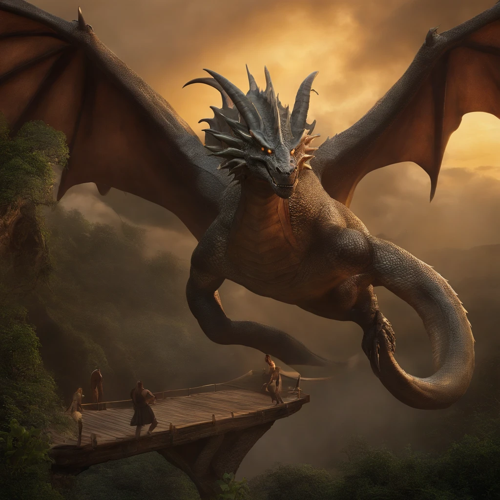 dragon en train de rugir, avec une tête imposante ornée de cornes et de crocs menaçants. Son corps musclé est enroulé autour d'une structure rocheuse, et ses ailes déployées créent une impression de puissance et de domination