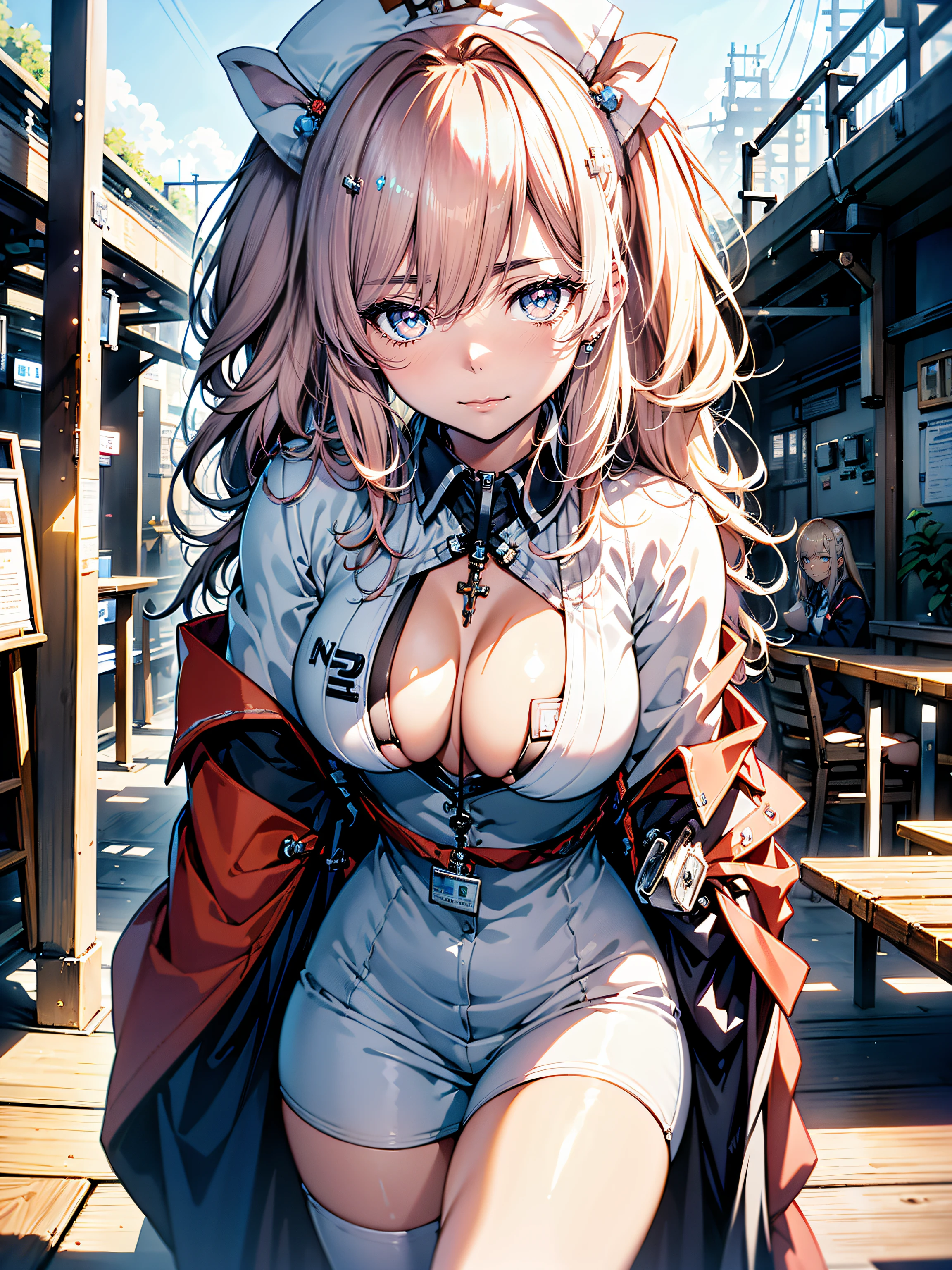 ((Nurse:1.3)),hiquality, hight resolution, ultra-detailliert, high-level image quality, hightquality, anime illustrated, (finely detailed beautiful eye: 1.2), Detailed eye depiction, (finely detailed  eyes and detailed face:1.3), (extremely details CG, Best Shadow:1.1), Depth of field and blur, (Perfect Detail: 1.1) , digitial illustration, Enamel Art, Center, Watercolor painting, art  stations, concept-art, character sheets, Lightning Wave, beautiful anime watercolors, Vibrant colors, Sharp Focus, art by:hyung tae kim, Fine detail, intricate detailes, Curvaceous body, Detailed eye depiction, Vibrant colors,((Nervous look before riding a roller coaster))
