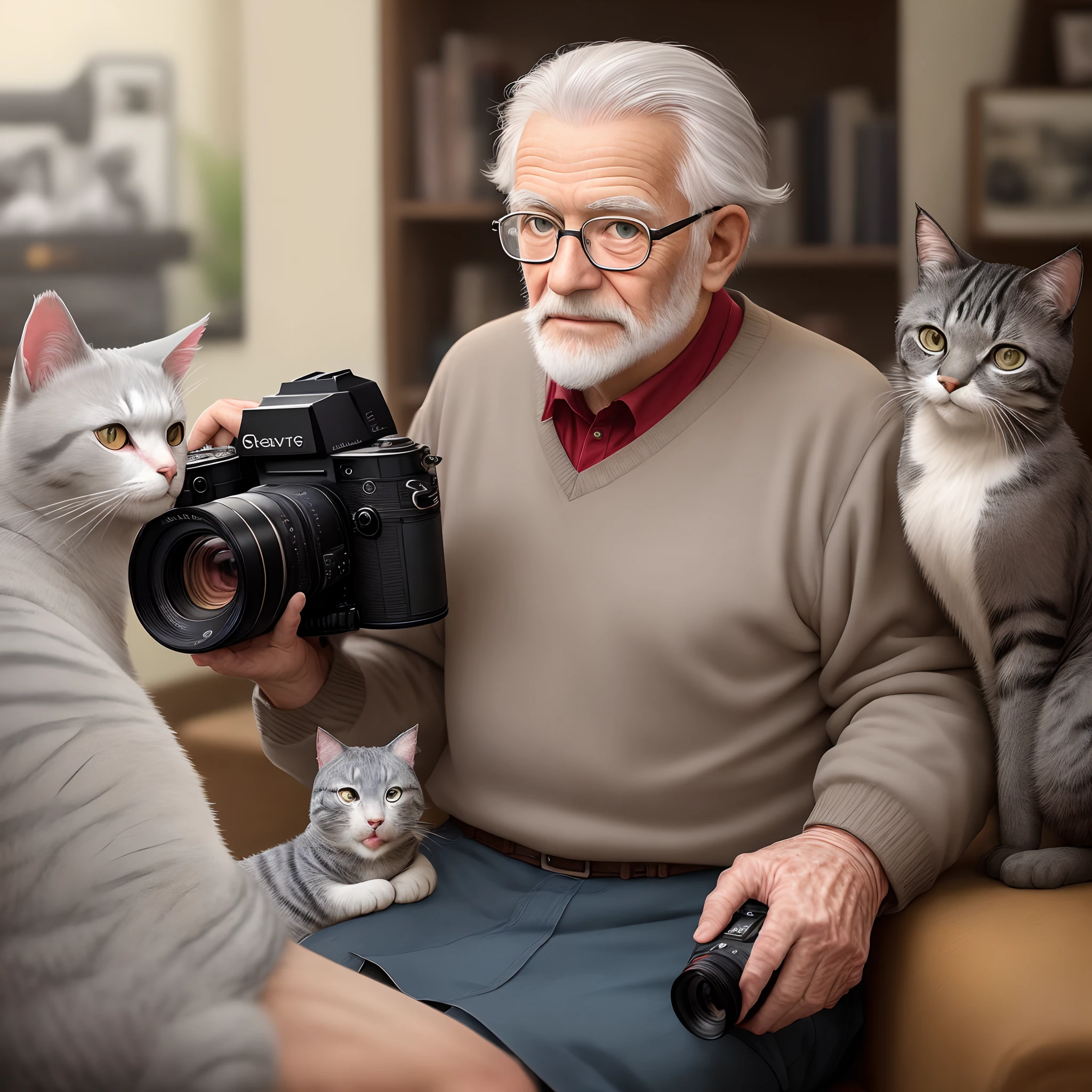 Elderly photographer with gray hair, gray beard in prescription glasses with camera in hand and surrounded by cats