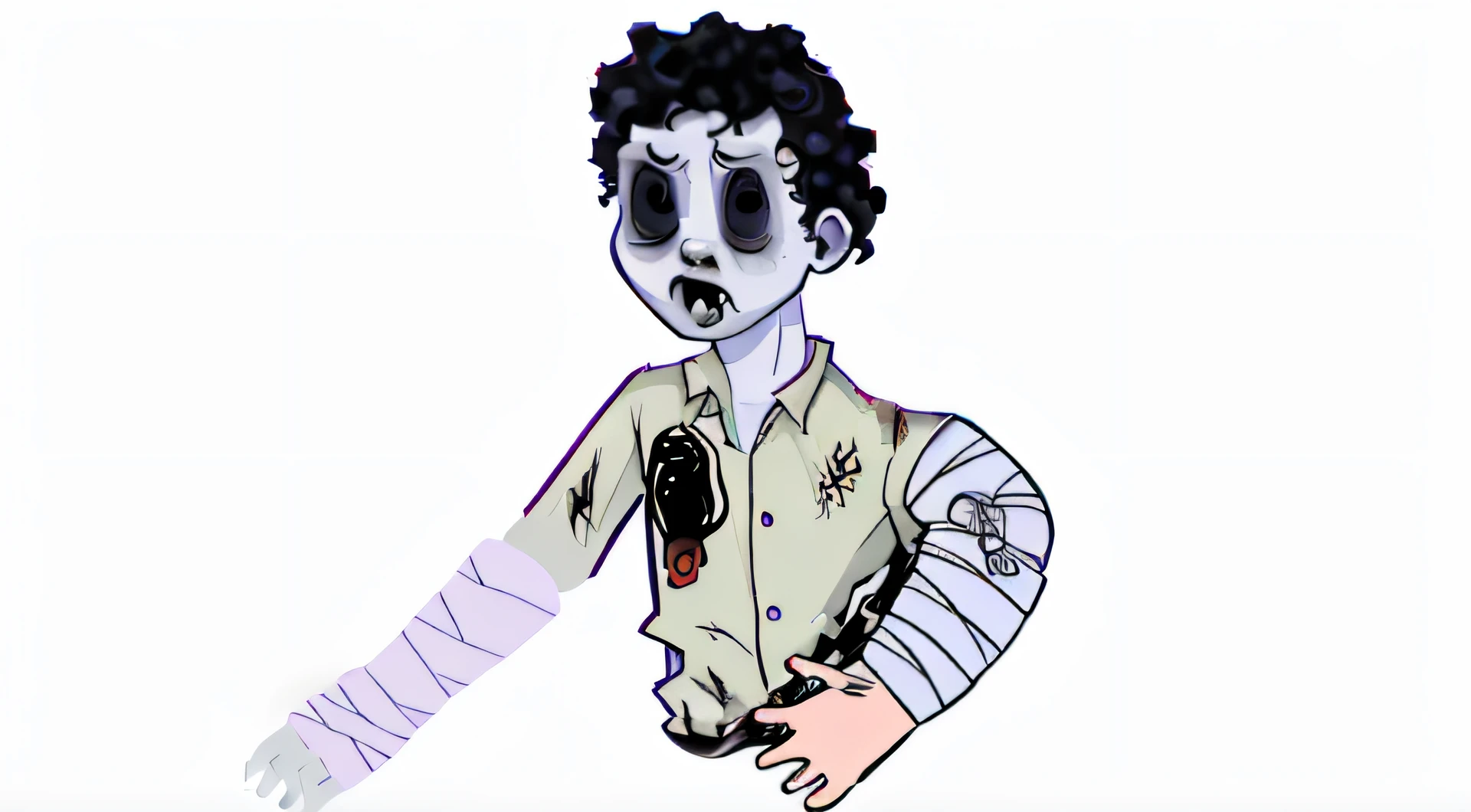 cartoon of a man with a broken arm and a broken arm, zombie with white eyes, zombie in horror concept art, zombified, 2 d illustration, 2d illustration, mildly scarred on his face, with haunted eyes and curly hair, zombie, digitally colored, covered in bandages, creepy child, horror!! highly detailed, horror illustration