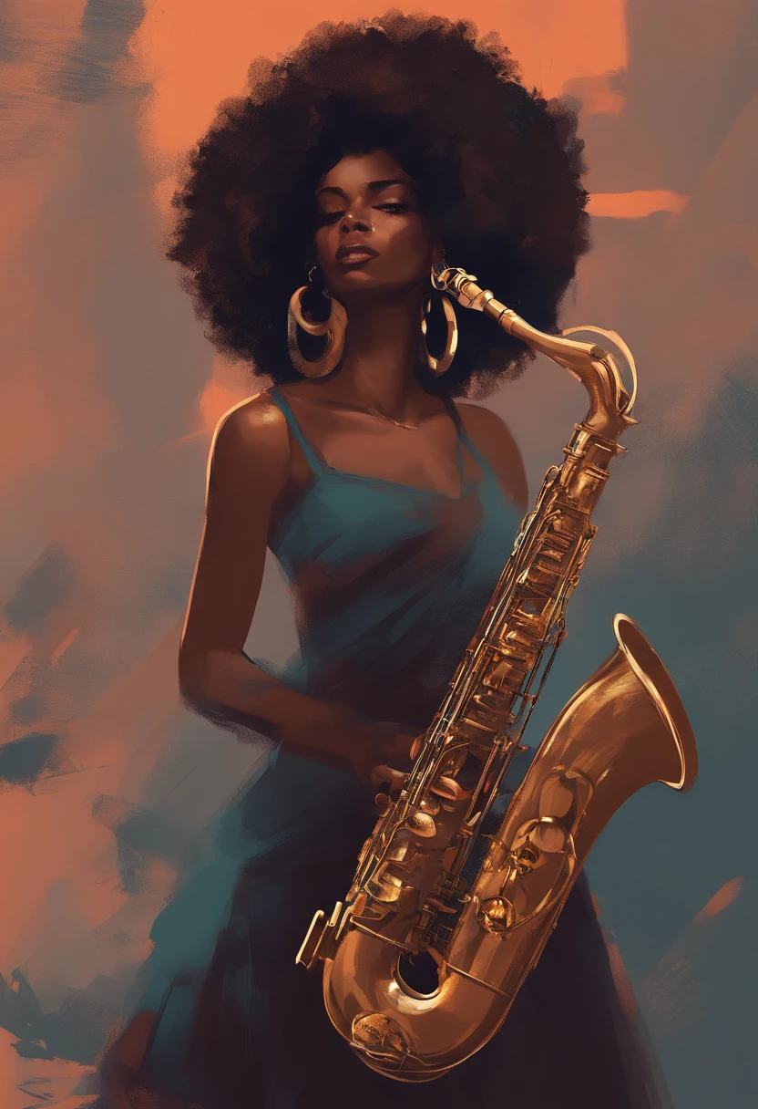 Mulher negra, cabelo curto afro, tocando saxofone fundo musical