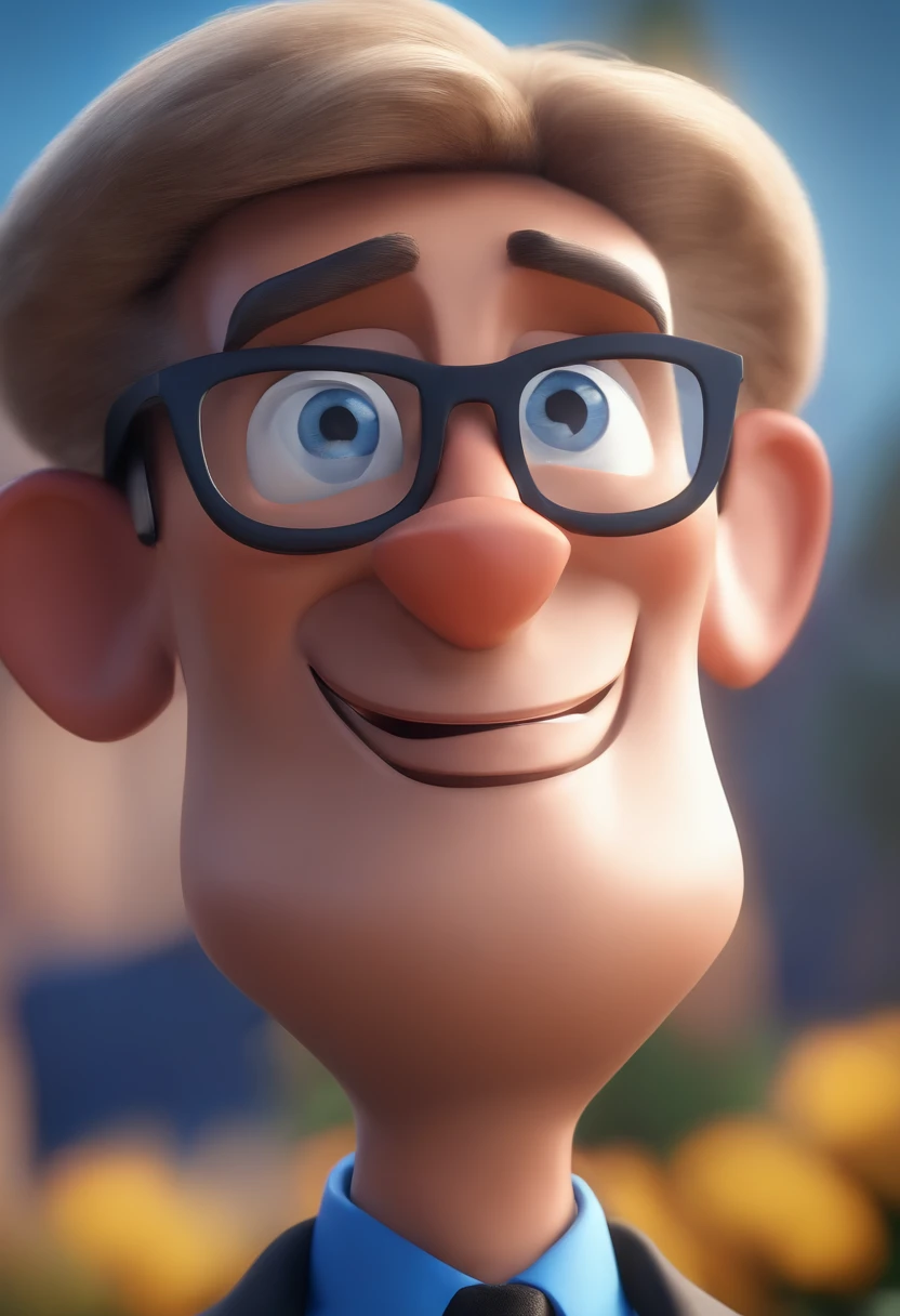 Cartoon character of a man wearing black glasses and a blue shirt, um personagem animado, Caractere estilizado, animation style rendering, 3D estilizado, Arnold Maya render, 3 d render stylized, toon render keyshot, Personagem 3D, Personagem 3D, 3d rendering stylized, 3 d character render, personagem de desenho animado, Personagem de close up, Pose de personagem, (Estilo Pixar) (master part:1.2) (Bokeh) (best quality) (pele detalhada) (textura detalhada) (8k) (argila) (Cinematic lighting) (foco nítido,Senta e vaza a parte superior do corpo