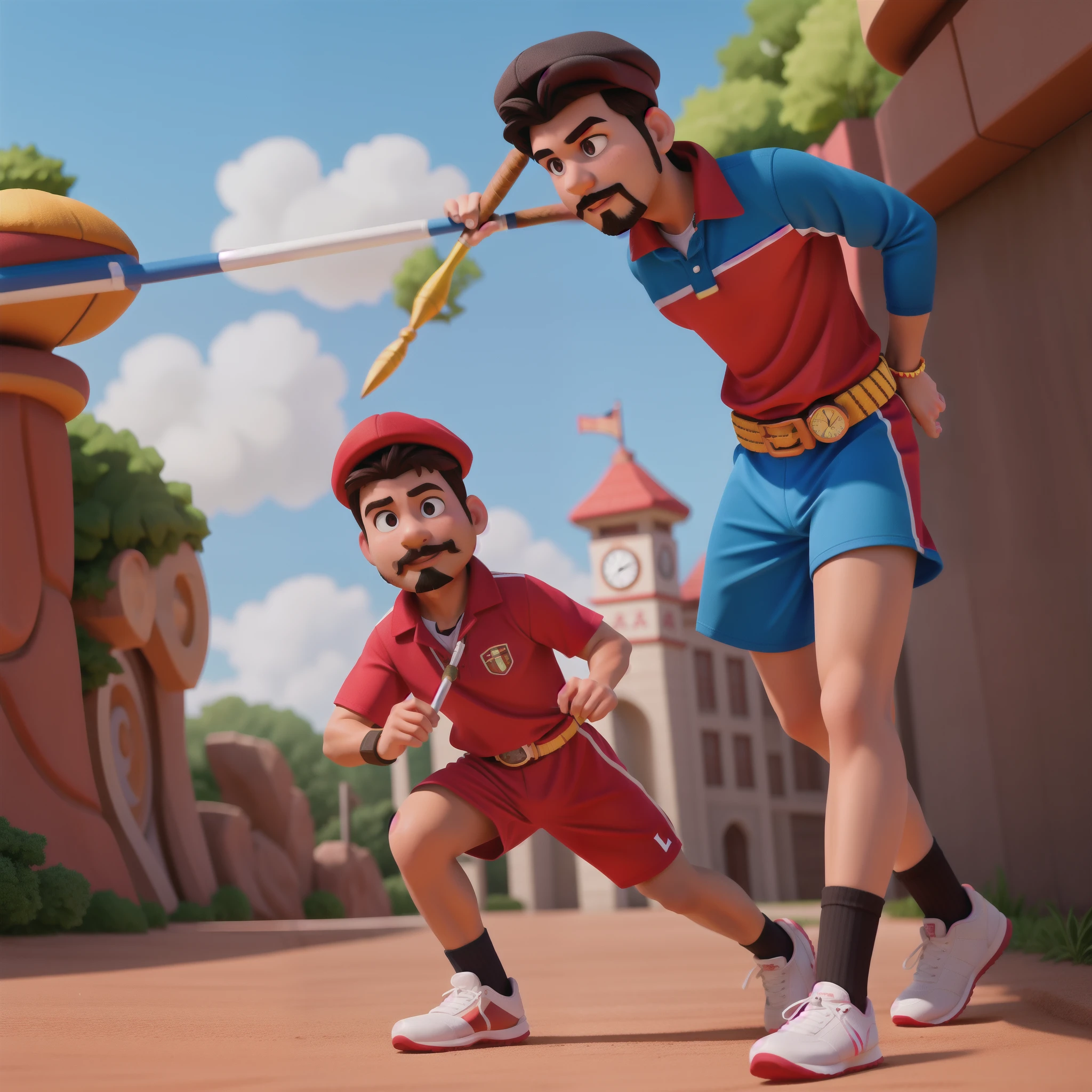 I want a Disney Pixar-style image of a brunette Indian man with a goatee, utilizando roupa esportiva, Ele tera aspecto de uma pessoa normal, treinador esportivo, Wearing a red uniform and wearing a stopwatch around his neck and a black cap, In the background there will be an athletics track