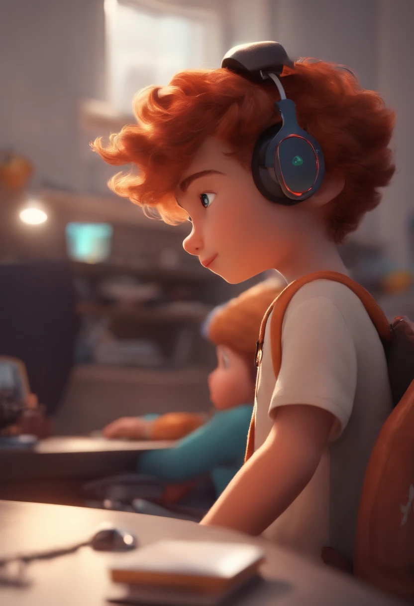 Image of a boy for a story in a YouTube video in Pixar format, He's the little allabester, He's the class leader, He's outgoing, without glasses, frisky, cabelo curto cortado, usando notebook, gamer, with headphone jack on head