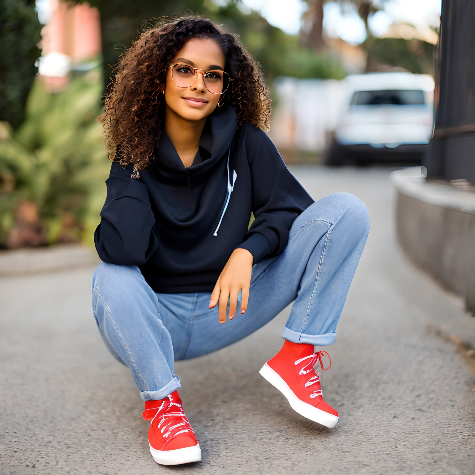 She's a light-toned black-skinned teenager, olhos castanhos escuros, curly hair curvature 4B weight tied in a head-length bun and a red bandana, wears black square glasses, cadeira de rodas motorizada preta, jeans and a navy blue sweatshirt with a small Android symbol on the left side of the blouse at the top and red All Stars, Next to him is a girl with white skin, dark brown eyes and an Italian nose in jeans, blusa de manga longa preta e botas marrons